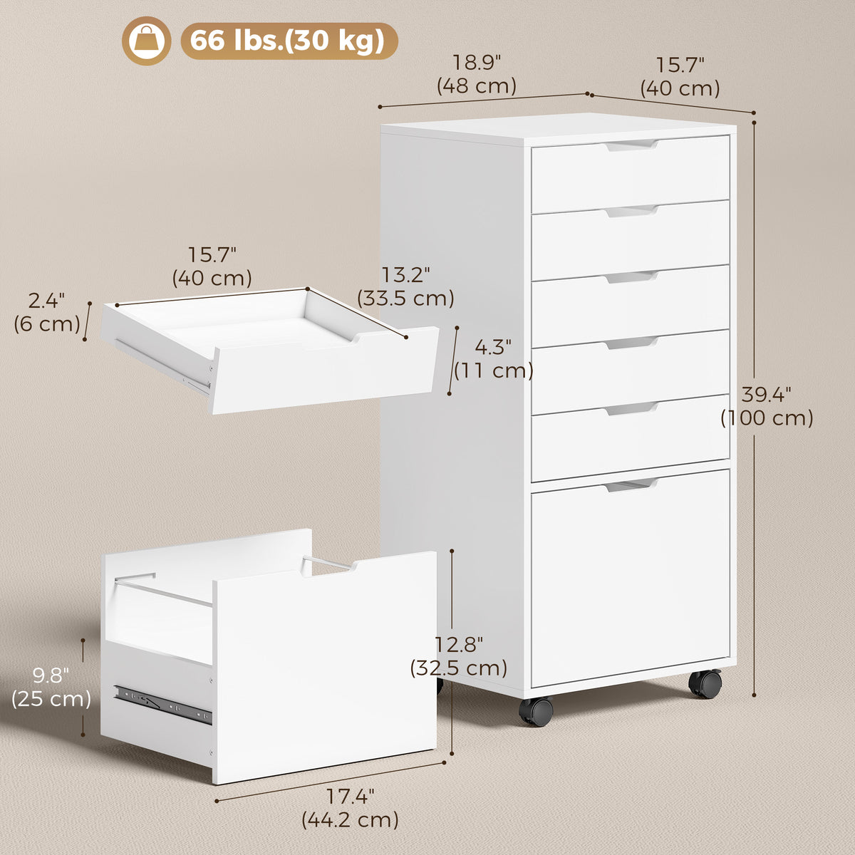 5 Drawer Vertical File Cabinet with Lockable Wheels, Filing Cabinet for Home Office, Printer Stand with Adjustable Hanging Bars For A4, Letter, legal File Folders, White