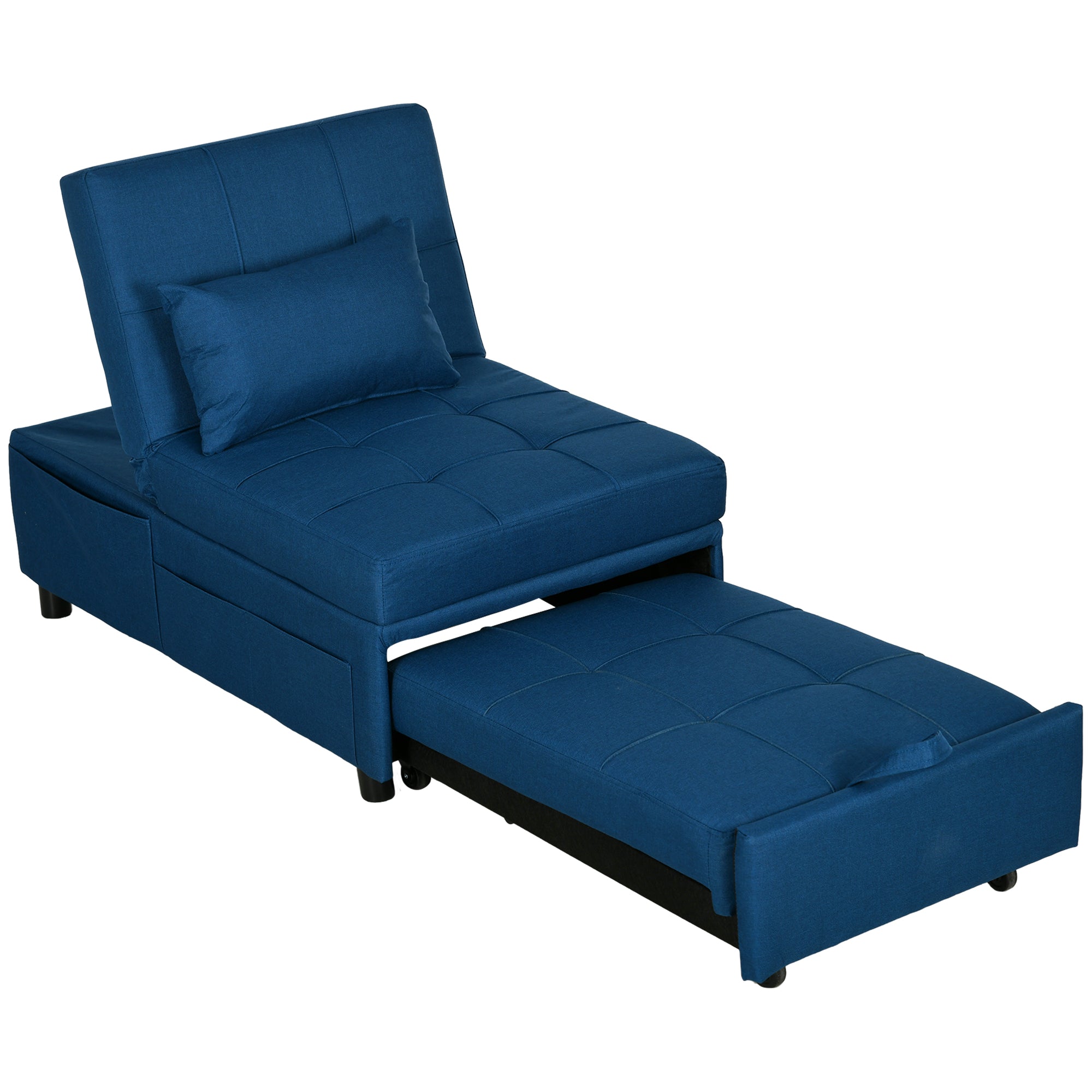 HOMCOM Convertible Chair Bed with Padding Seat, 4-in-1 Multi-Functional Sleeper Sofa Bed, Recliner with Adjustable Backrest, Side Pocket, Wheels and Pillow, for Living Room, Blue