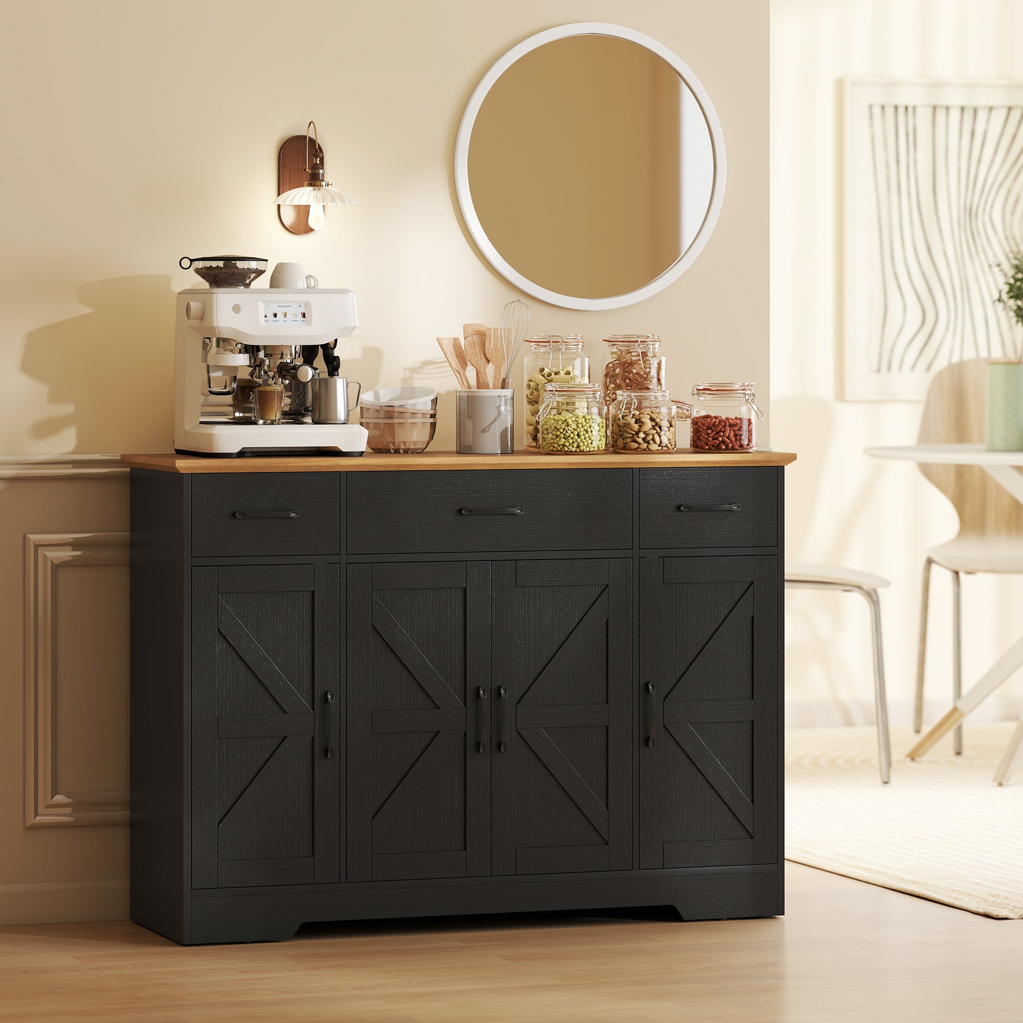 47" Sideboard Buffet Cabinet, Farmhouse Credenza with Soft-Close Hinges, Coffee Bar Cabinet with Spice Racks, 3 Drawers and 3 Adjustable Shelves, Black