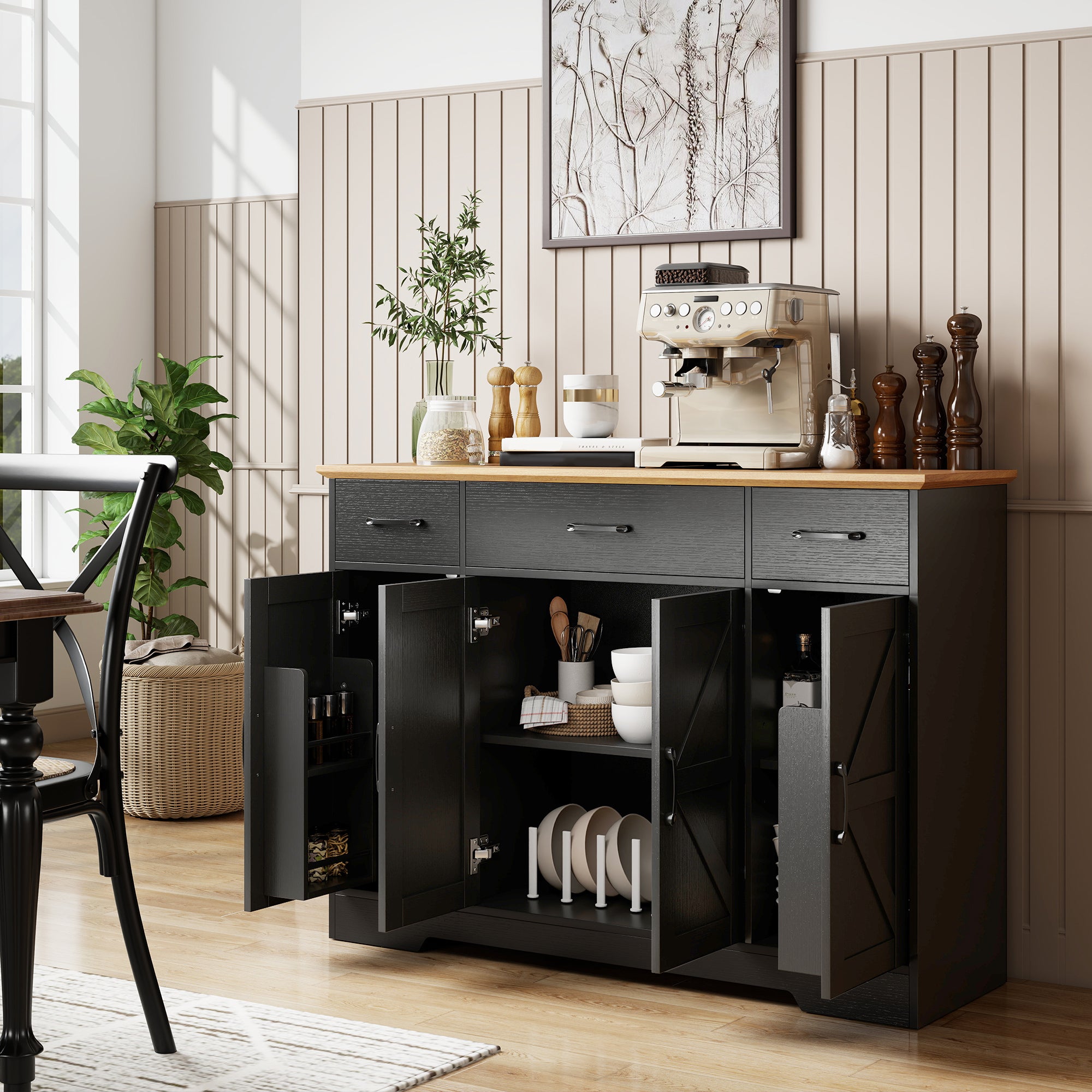 47" Sideboard Buffet Cabinet, Farmhouse Credenza with Soft-Close Hinges, Coffee Bar Cabinet with Spice Racks, 3 Drawers and 3 Adjustable Shelves, Black