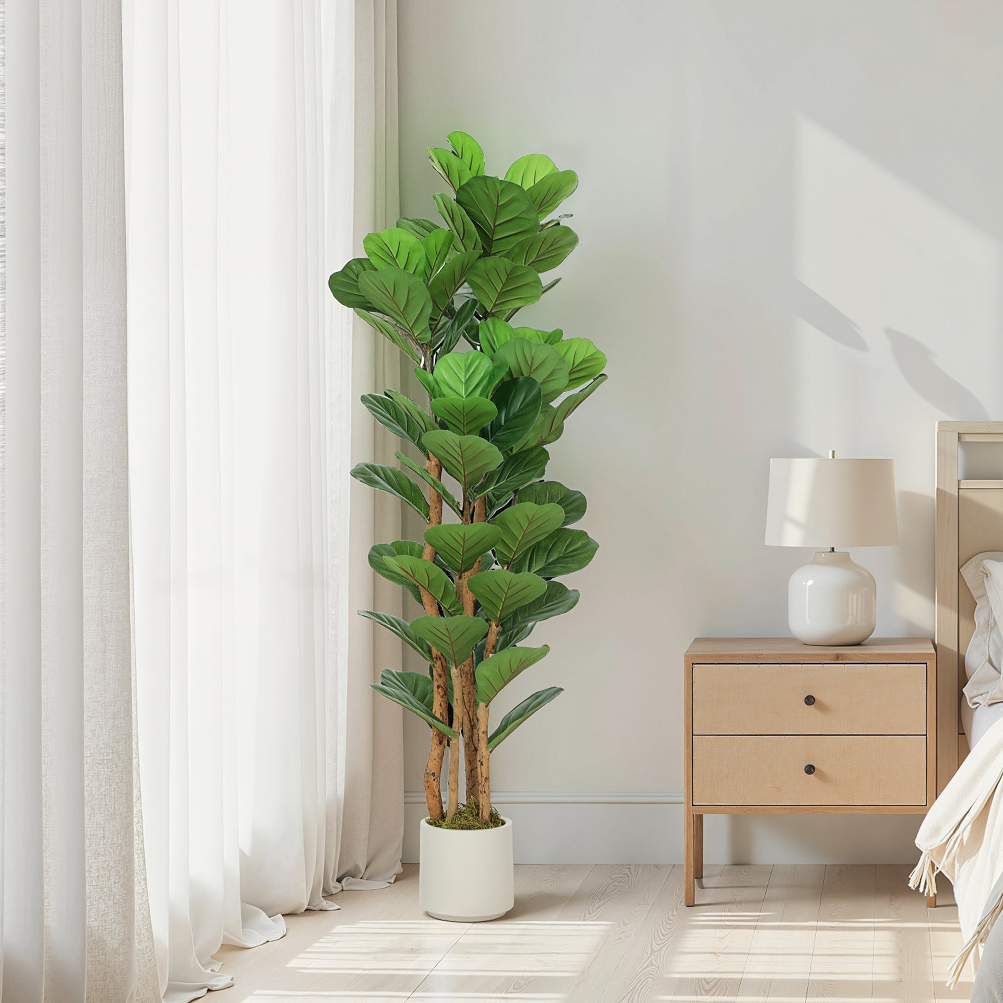 5FT Artificial Fiddle Leaf Fig Tree with Solid Wood Trunks, Lifelike Fake Tree with 45 Leaves in Pot for Indoor Living Room Office Home Decor, Green