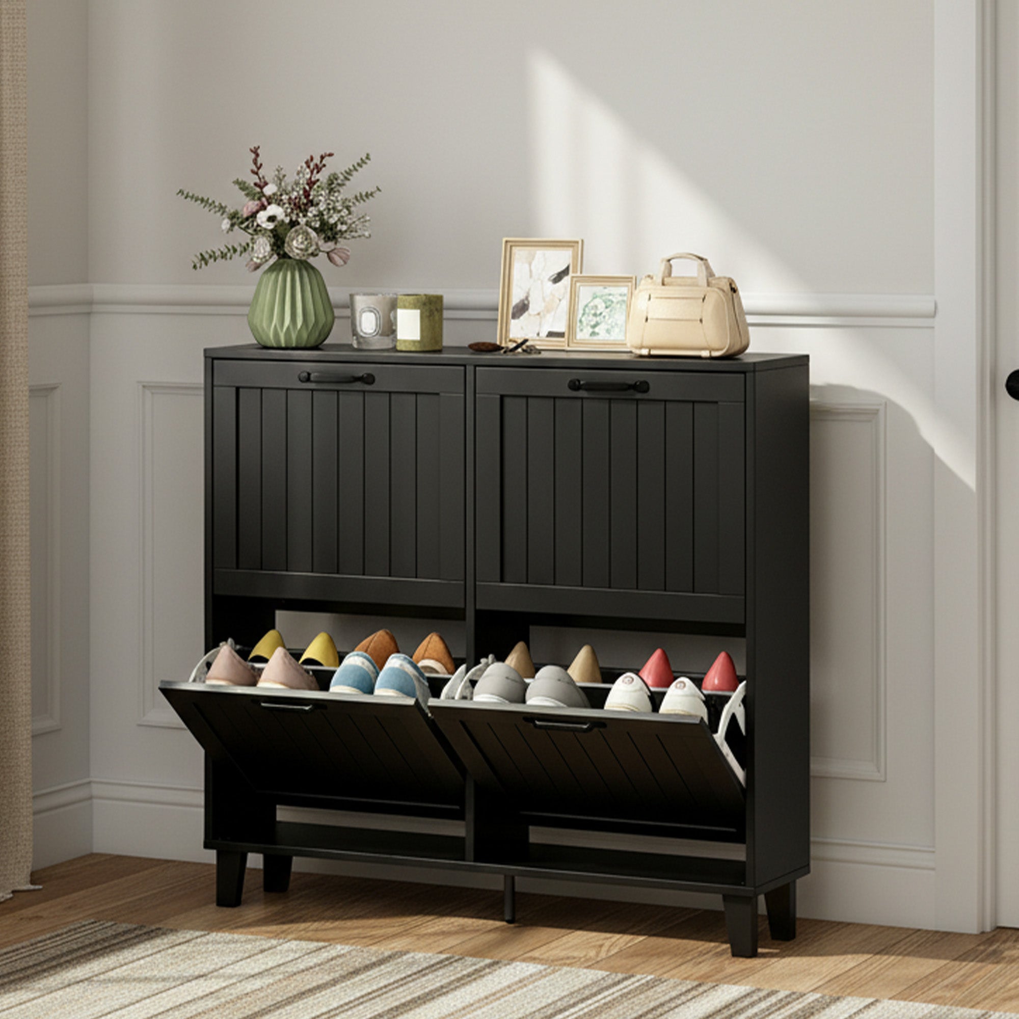 Shoe Cabinet with 4 Flip Drawers, Freestanding Narrow Shoe Storage Cabinet with Adjustable Shelves, Open Back, Bamboo Legs for Entryway, Hallway, Holds 16-20 Pairs, Black