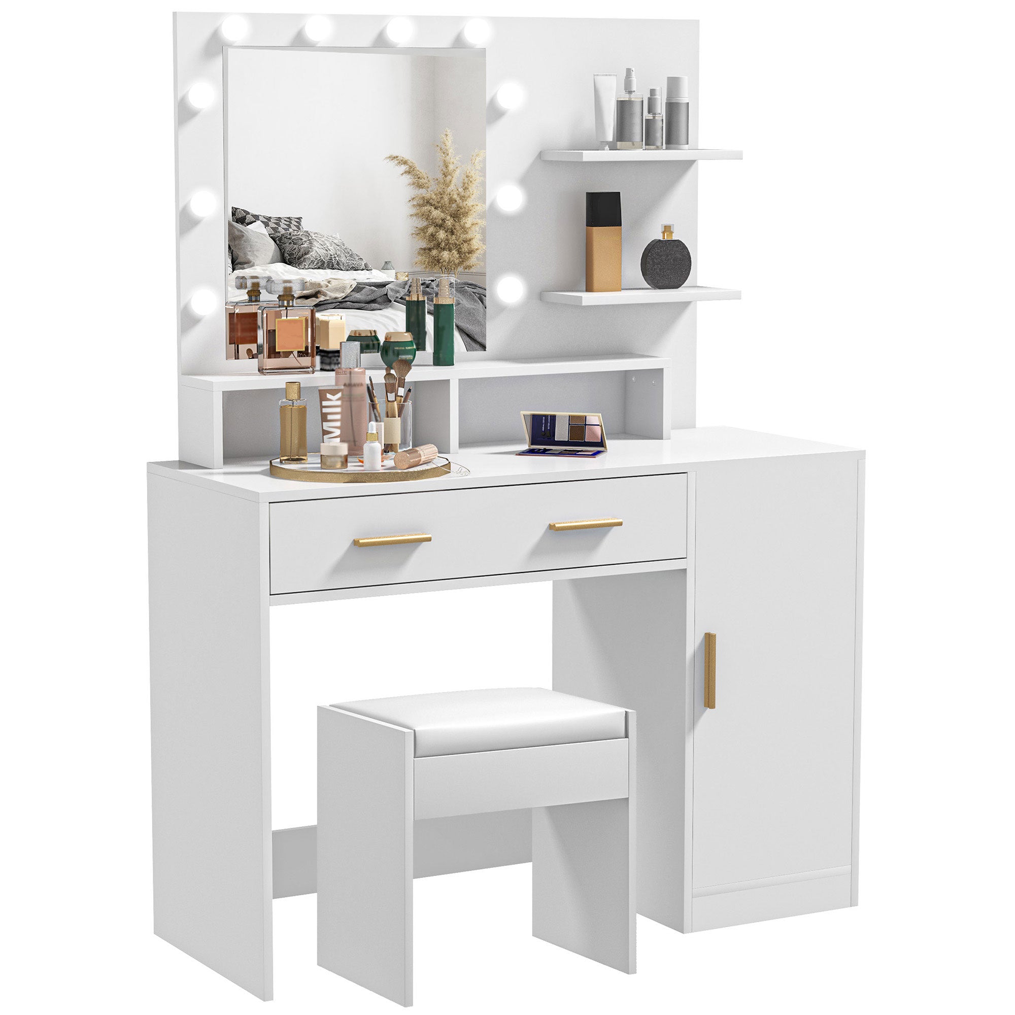 HOMCOM Vanity Desk with Mirror and Lights, Makeup Vanity Set with 10 LED Bulbs, Dressing Table with Stool, Drawer, Cabinet and 3 Open Shelves for Bedroom, White