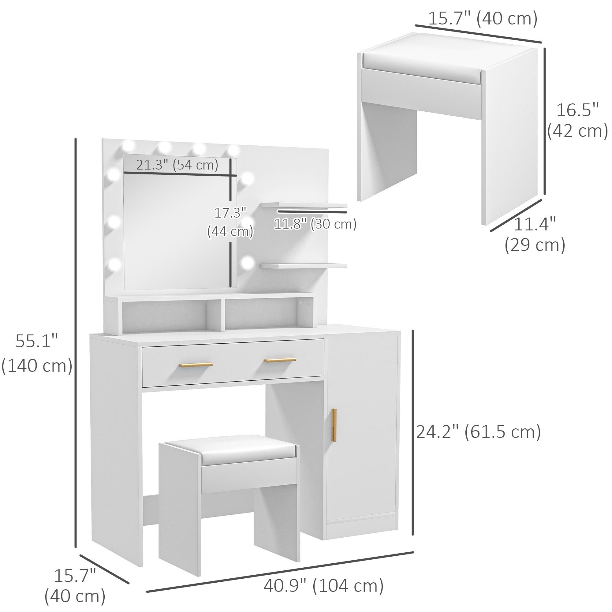 HOMCOM Vanity Desk with Mirror and Lights, Makeup Vanity Set with 10 LED Bulbs, Dressing Table with Stool, Drawer, Cabinet and 3 Open Shelves for Bedroom, White