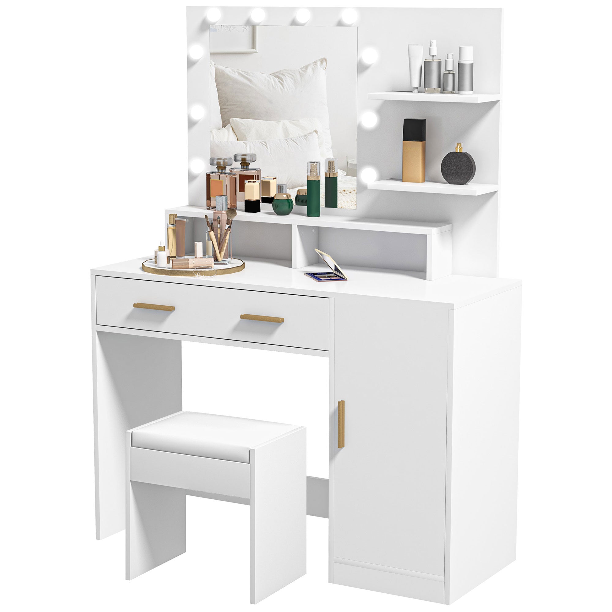 HOMCOM Vanity Desk with Mirror and Lights, Makeup Vanity Set with 10 LED Bulbs, Dressing Table with Stool, Drawer, Cabinet and 3 Open Shelves for Bedroom, White