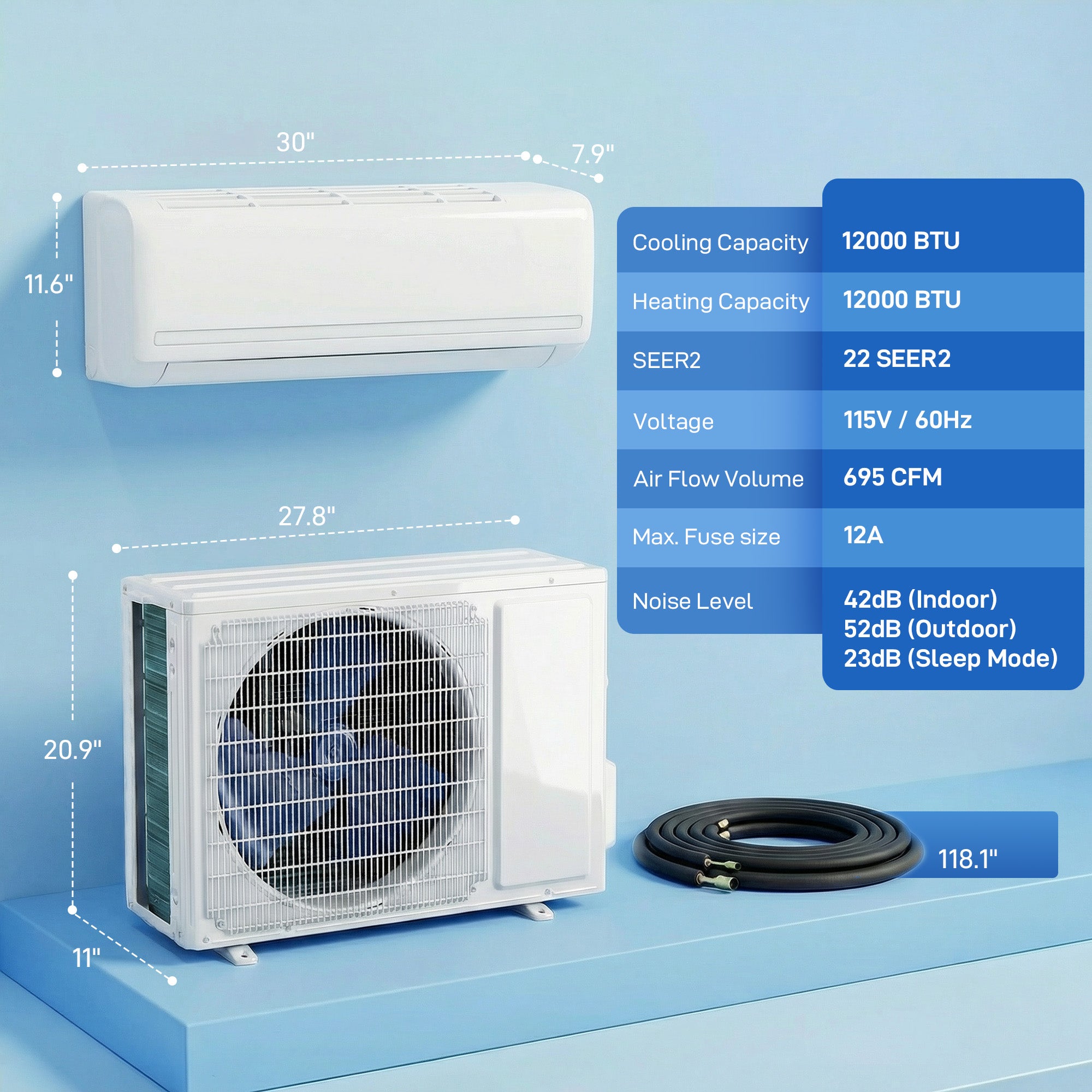 12000 BTU Mini Split Air Conditioner and Heat Pump, 22 SEER2 115V Energy Efficient Ductless Inverter AC Unit Cools up to 750 Sq.Ft, Complete Installation Kit