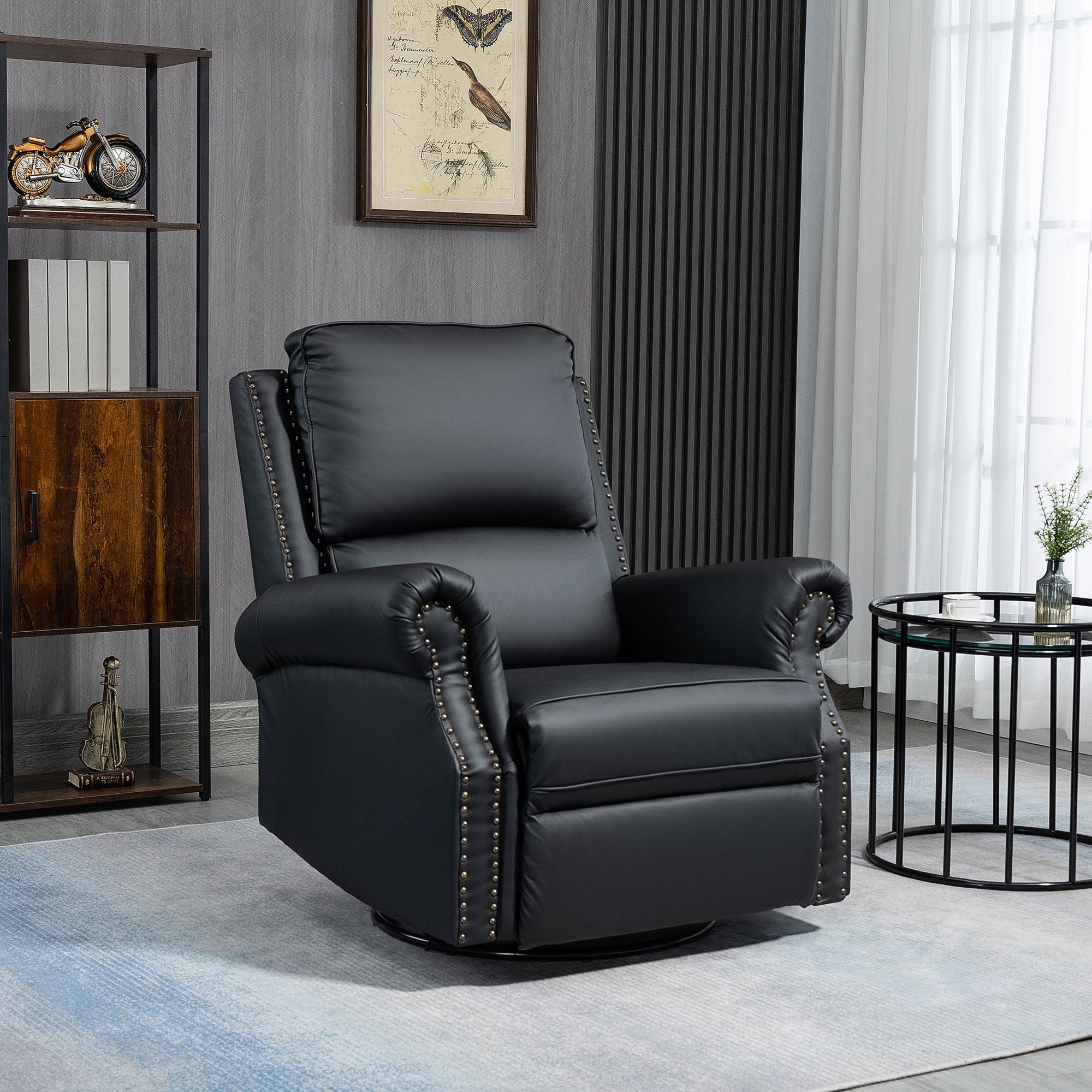 HOMCOM Manual Recliner Chair 360° Swivel Rocking Armchair Sofa with PU Leather Padded Cushion and Backrest for Living Room Black