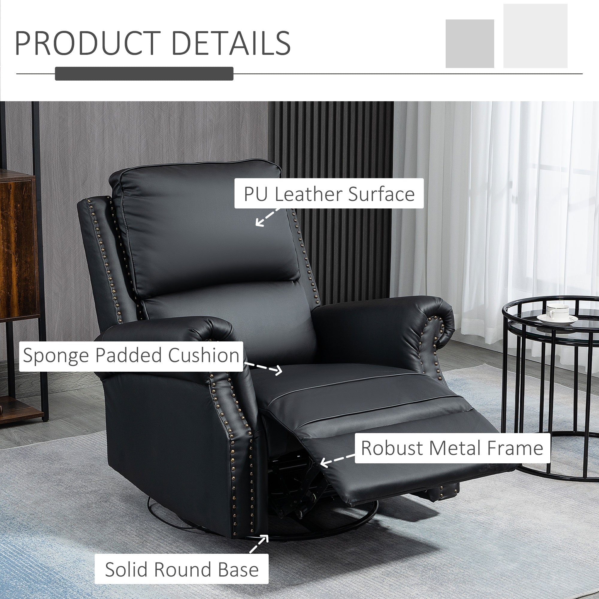 HOMCOM Manual Recliner Chair 360° Swivel Rocking Armchair Sofa with PU Leather Padded Cushion and Backrest for Living Room Black