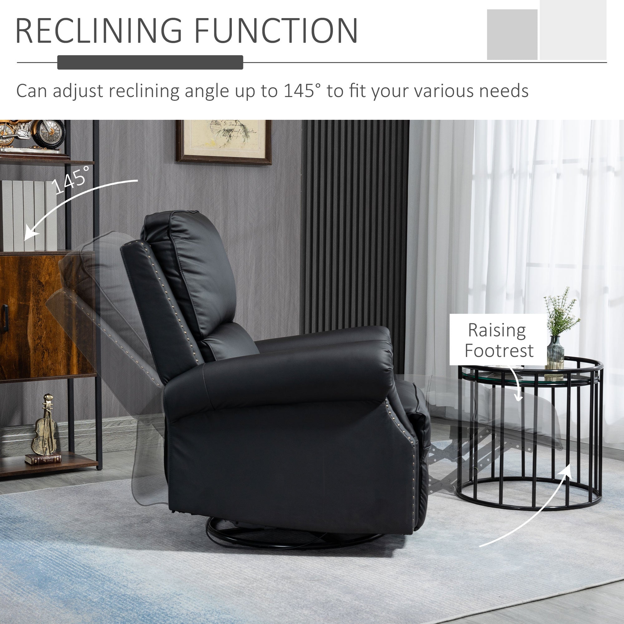 HOMCOM Manual Recliner Chair 360° Swivel Rocking Armchair Sofa with PU Leather Padded Cushion and Backrest for Living Room Black