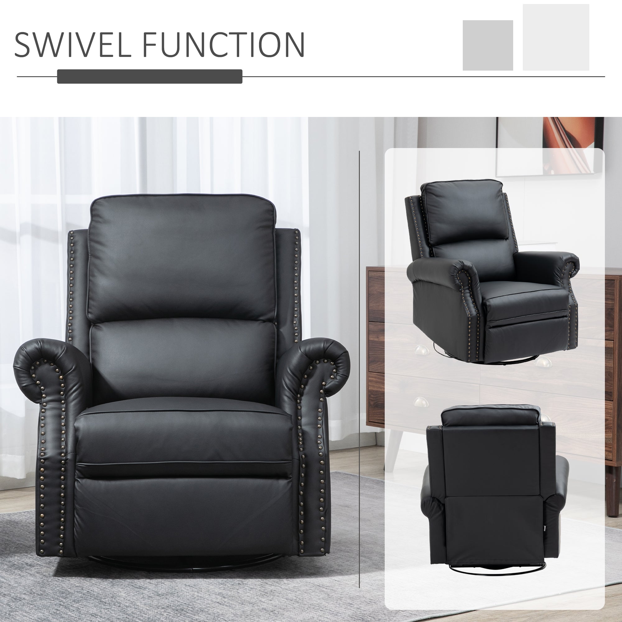 HOMCOM Manual Recliner Chair 360° Swivel Rocking Armchair Sofa with PU Leather Padded Cushion and Backrest for Living Room Black