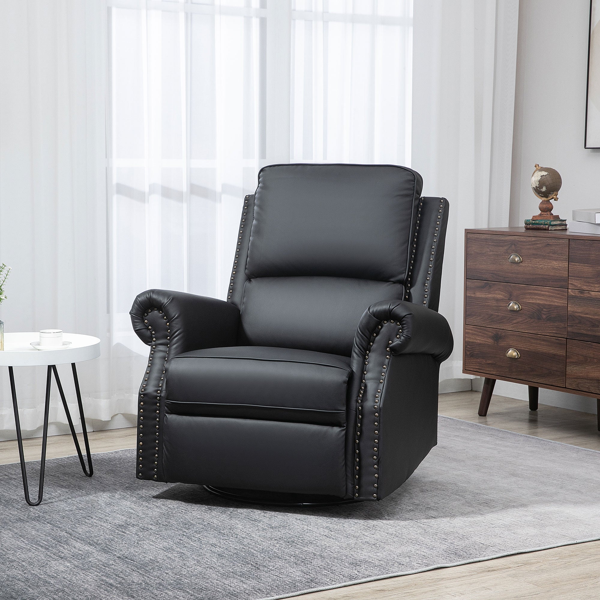 HOMCOM Manual Recliner Chair 360° Swivel Rocking Armchair Sofa with PU Leather Padded Cushion and Backrest for Living Room Black