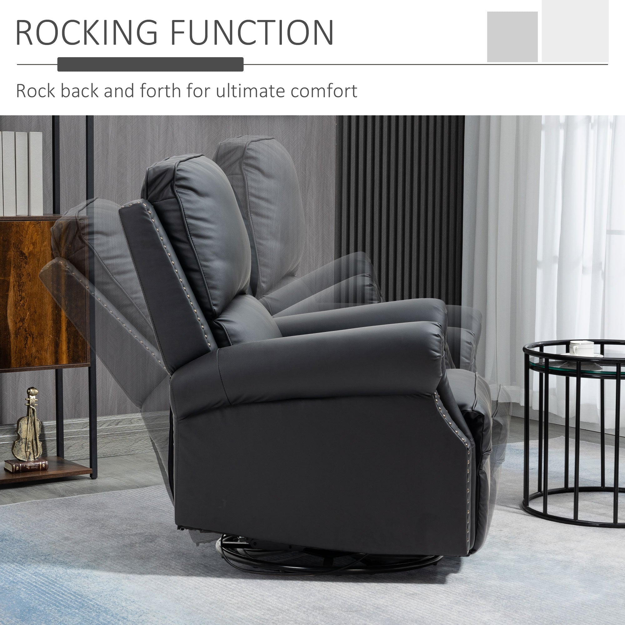 HOMCOM Manual Recliner Chair 360° Swivel Rocking Armchair Sofa with PU Leather Padded Cushion and Backrest for Living Room Black