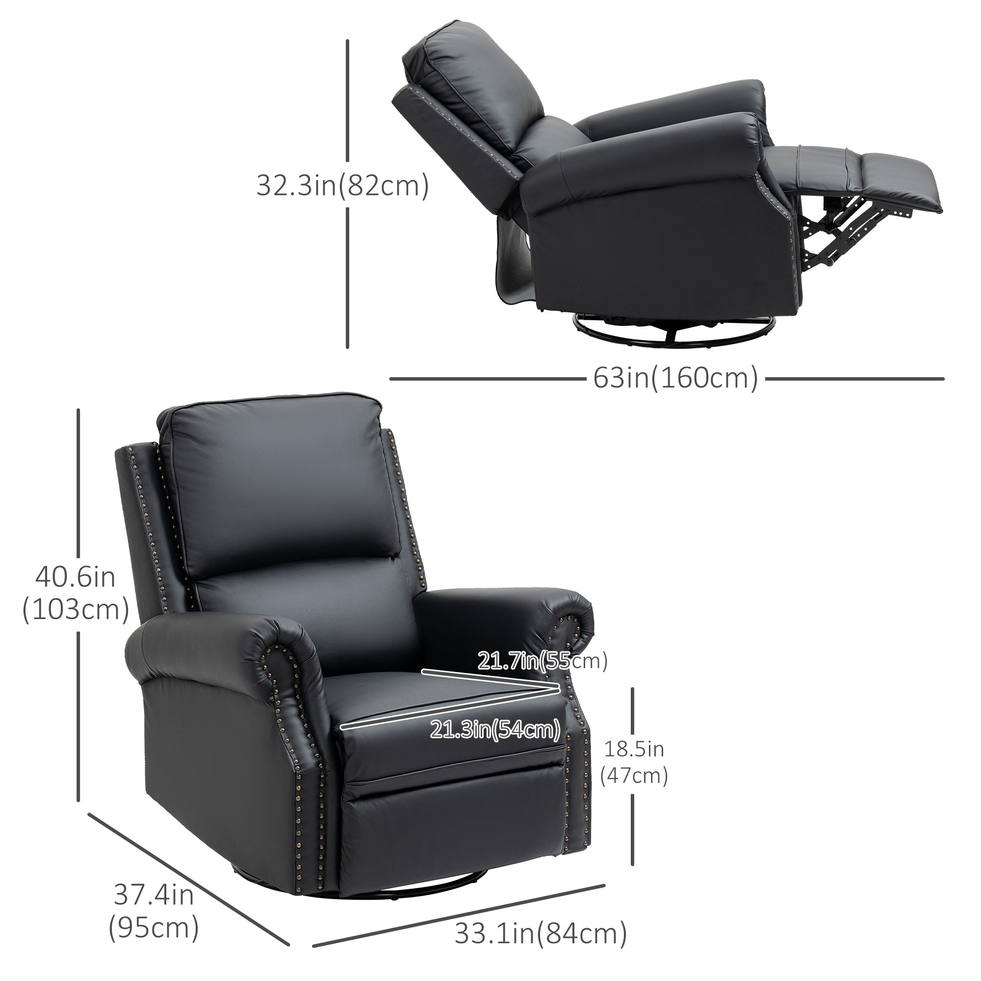 HOMCOM Manual Recliner Chair 360° Swivel Rocking Armchair Sofa with PU Leather Padded Cushion and Backrest for Living Room Black