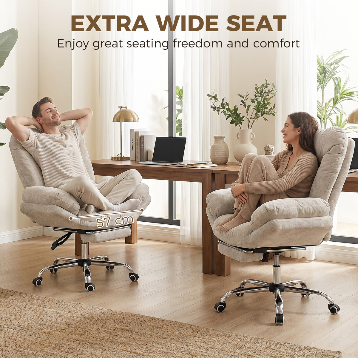 Criss Cross Office Chair with Footrest, Swivel Wheels, Wide Task Desk Chair with Overstuffed Reclining Backrest, Waterfall Arms, Adjustable Height, Cross Legged, Light Grey