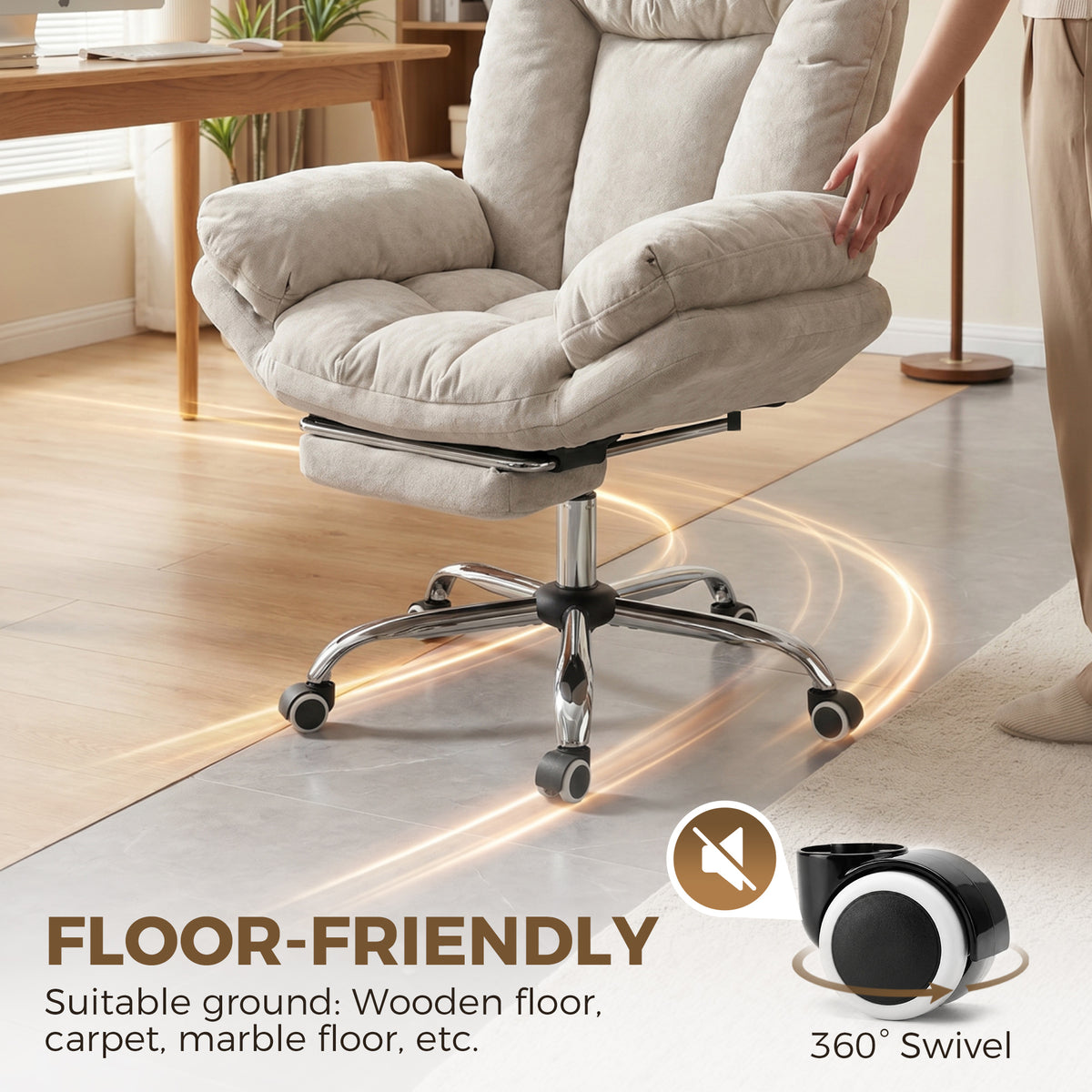 Criss Cross Office Chair with Footrest, Swivel Wheels, Wide Task Desk Chair with Overstuffed Reclining Backrest, Waterfall Arms, Adjustable Height, Cross Legged, Light Grey