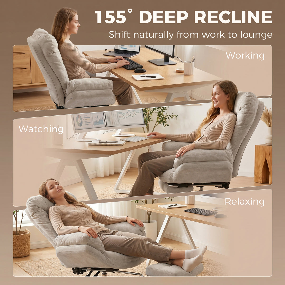 Criss Cross Office Chair with Footrest, Swivel Wheels, Wide Task Desk Chair with Overstuffed Reclining Backrest, Waterfall Arms, Adjustable Height, Cross Legged, Light Grey