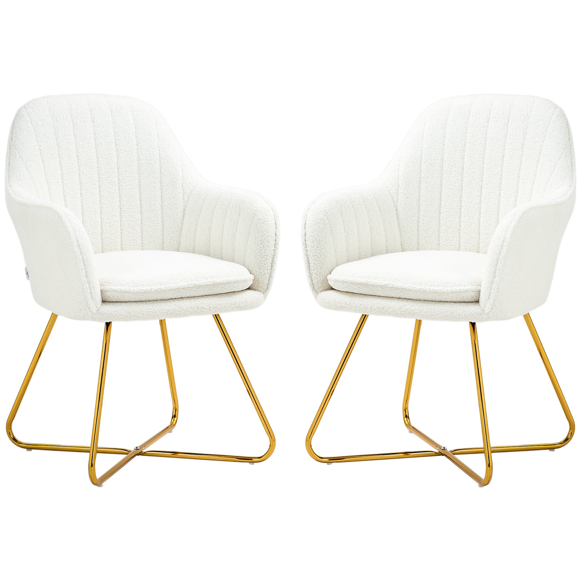 HOMCOM Modern Dining Chair Set of 2, Sherpa Fleece Armchair with Padded Seat, Occasional Bedroom Chair with Cross Steel Legs for Living Room, Cream White
