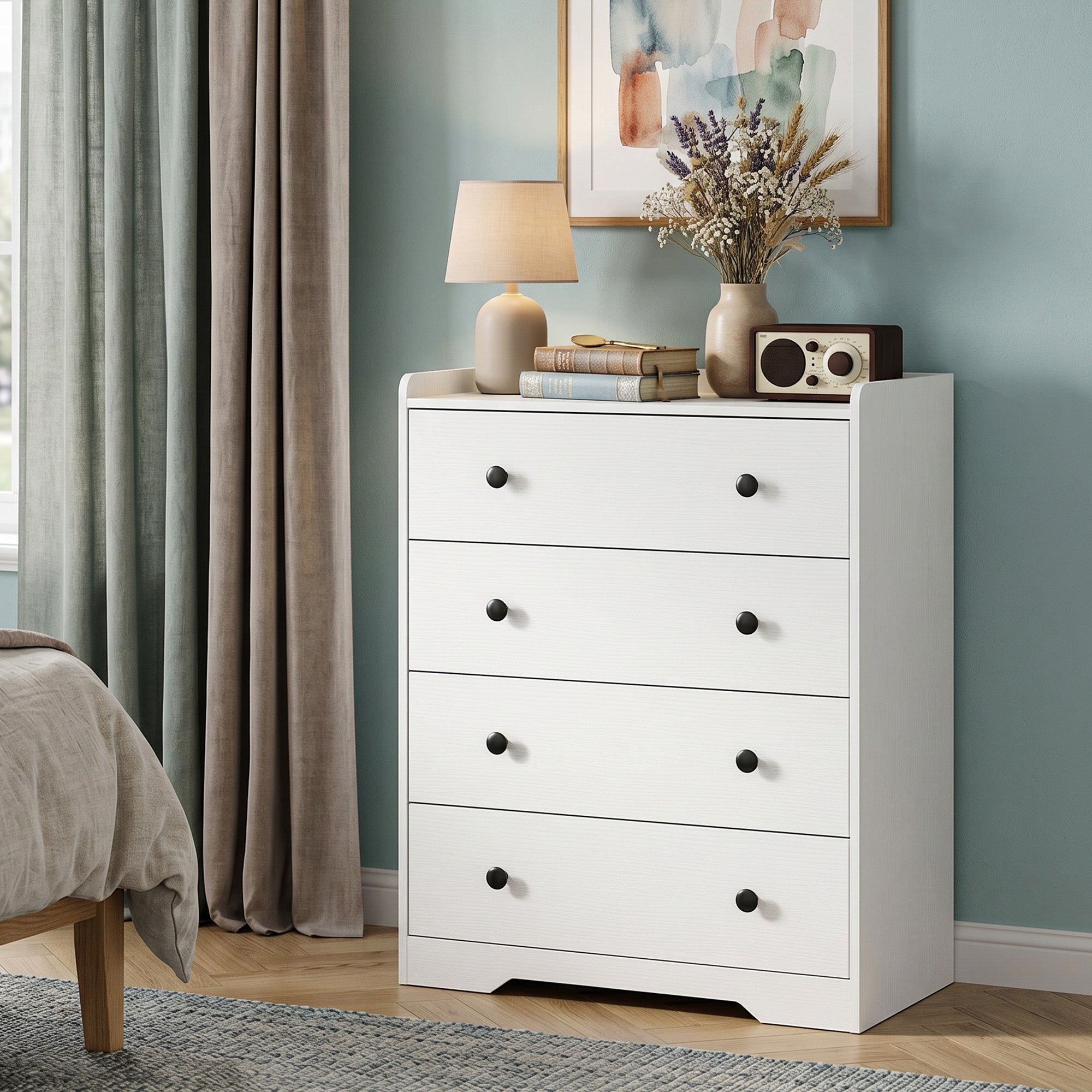 4 Drawer Chest of Drawers, Modern Dresser for Bedroom, Storage Cabinet for Living Room Entryway, White Wood Effect