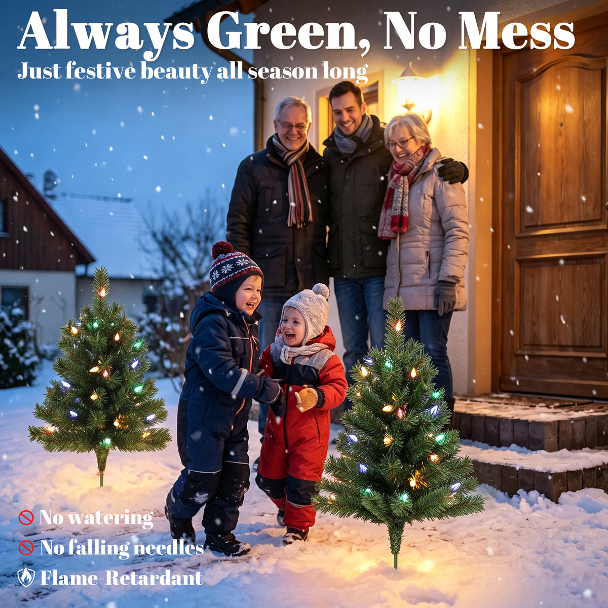 60 cm Pre-Lit Christmas Tree, 2-Pack Artificial Christmas Stake Trees with 60 Colourful LED Lights, 130 Tips, Ground Stakes, Green