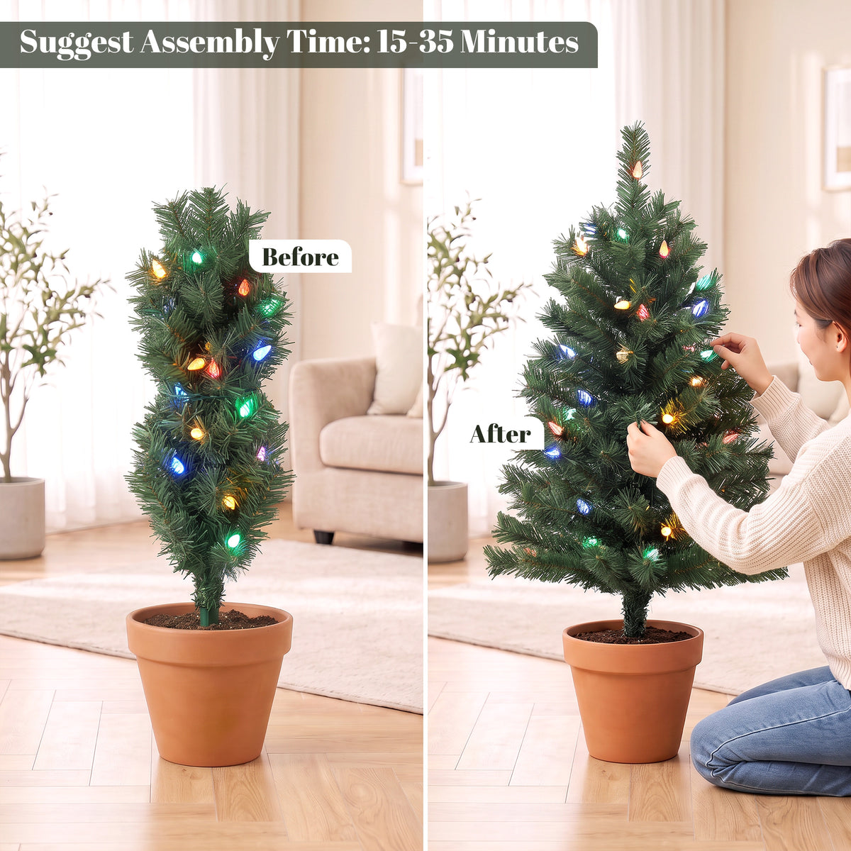 60 cm Pre-Lit Christmas Tree, 2-Pack Artificial Christmas Stake Trees with 60 Colourful LED Lights, 130 Tips, Ground Stakes, Green