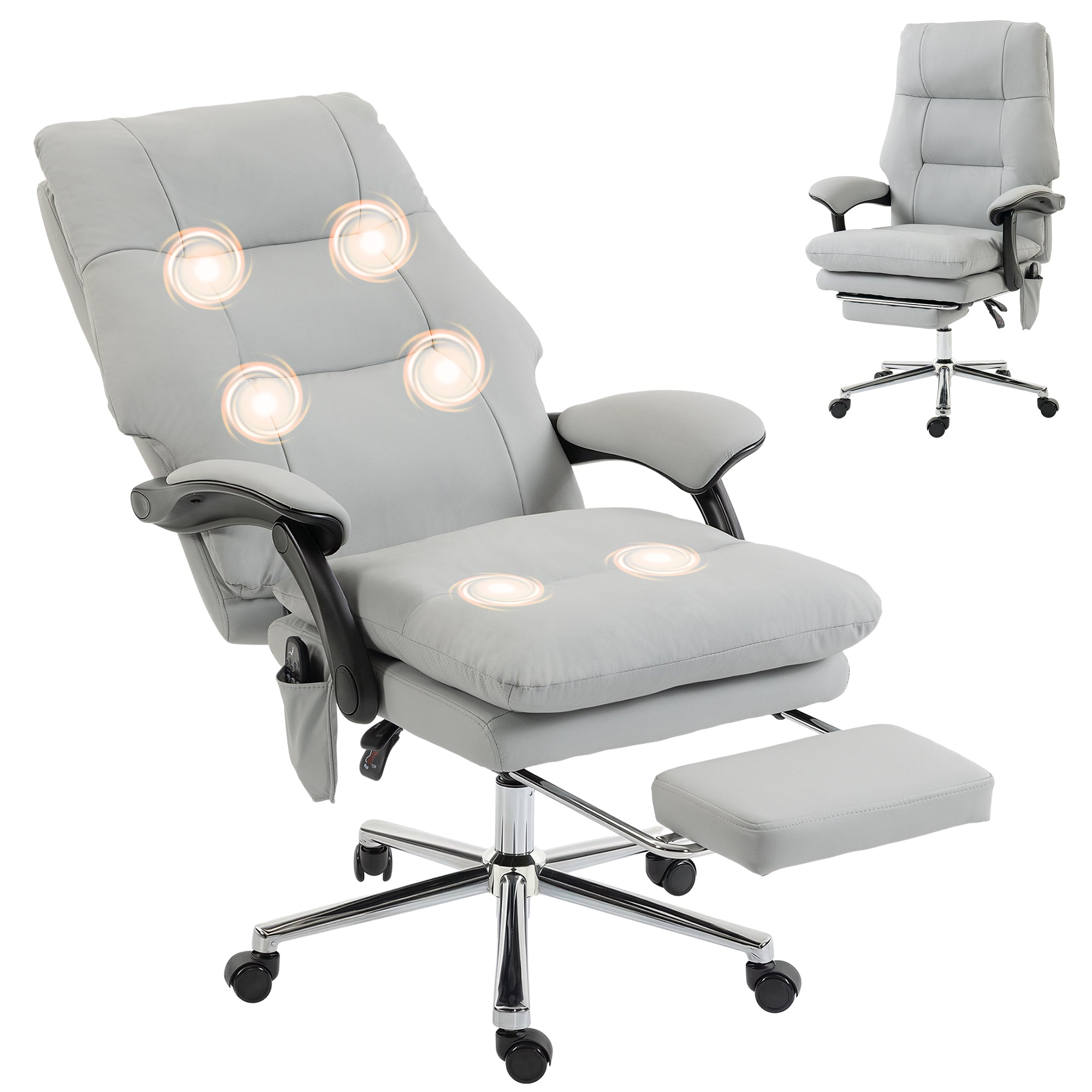 Massage Office Chair with 6-Point Vibration, Pet-Friendly Faux Leather Ergonomic Executive Desk Chair with Double-Layer Spring Cushions, Wide Seat, High Back, Reclining, Footrest, Light Gray