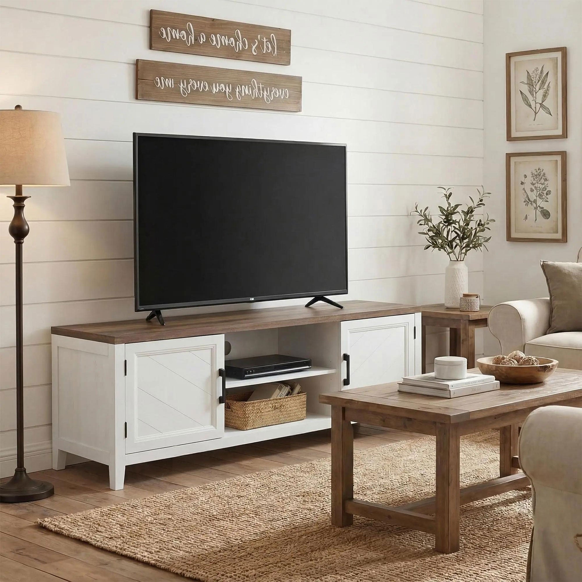 TV Stand for TVs up to 42 Inch, Farmhouse Entertainment Center with 2 Open Shelves, 2 Cabinets, Thick Top, Media Console Table for Living Room, White and Brown