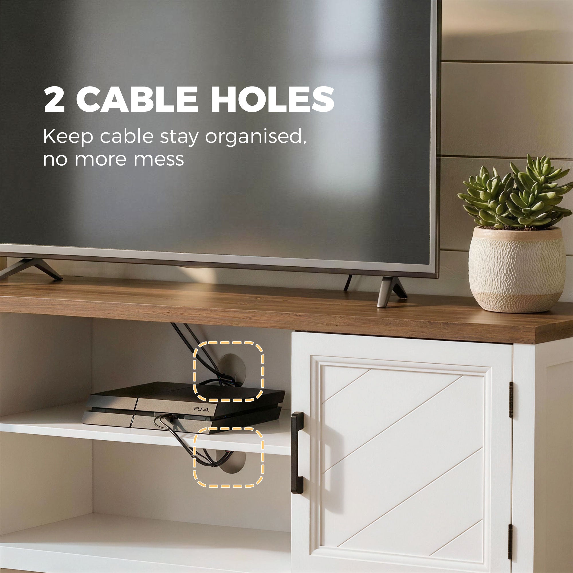 TV Stand for TVs up to 42 Inch, Farmhouse Entertainment Center with 2 Open Shelves, 2 Cabinets, Thick Top, Media Console Table for Living Room, White and Brown
