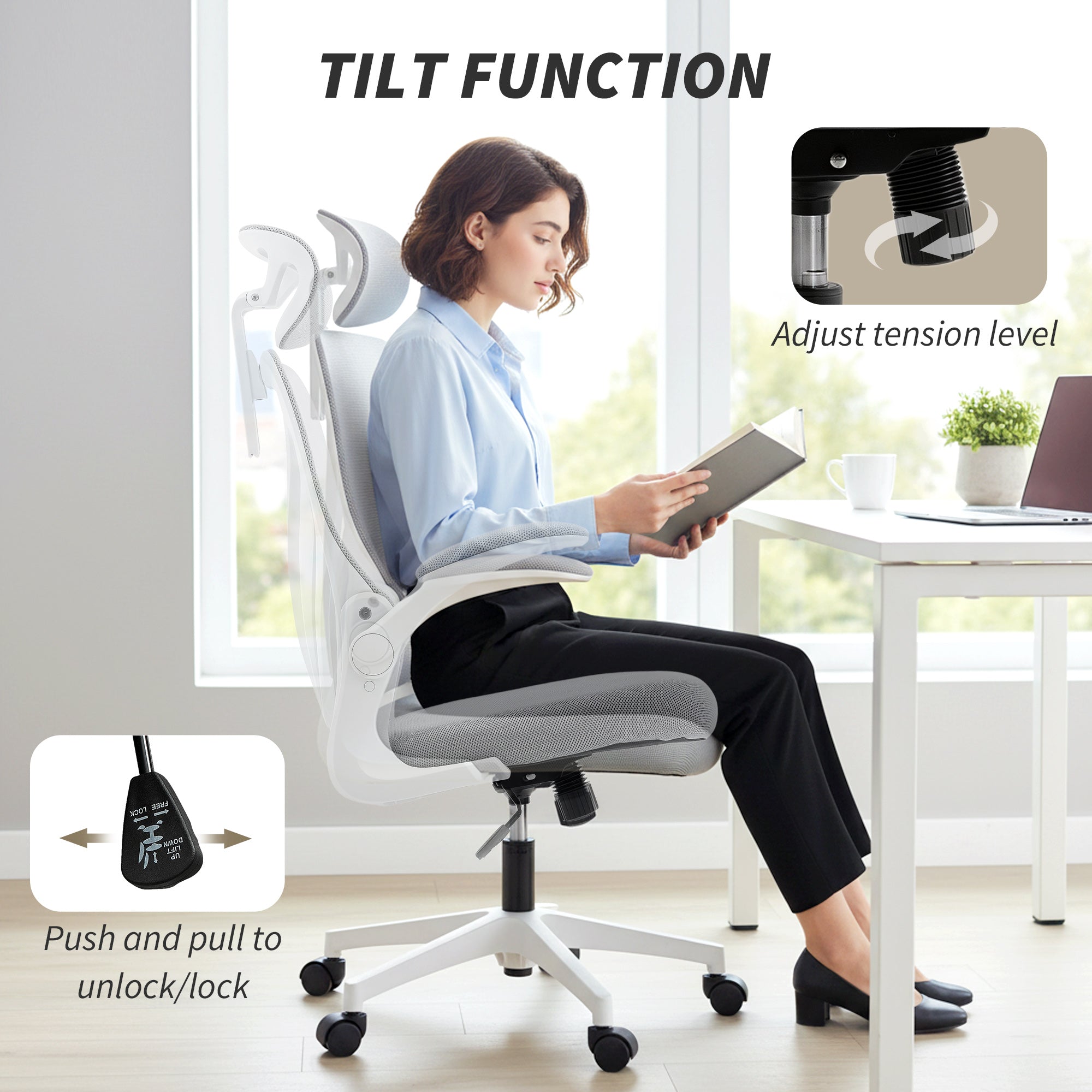 Ergonomic Office Chair, High Back Mesh Desk Chair with Foldable Backrest, 2D Headrest, Flip-up Armrest, Lumbar Support, Tilt Function, Swivel Wheels for Home Office, Light Grey