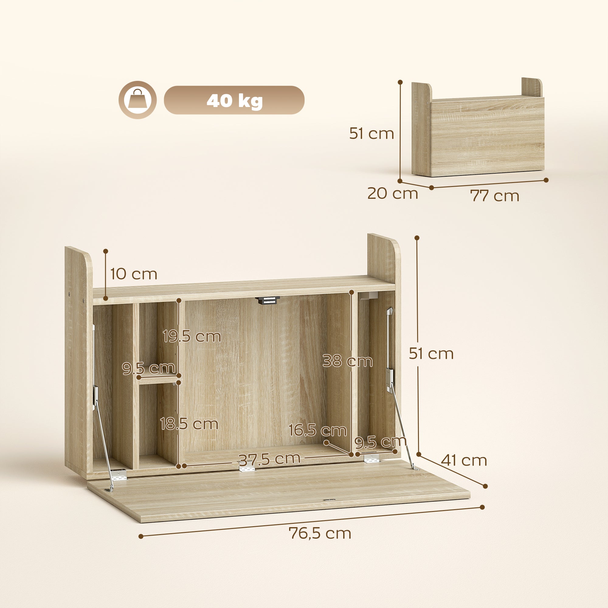 Wall Mounted Desk, Drop Leaf Floating Laptop Desk with Space Saving Storage Compartments for Home Office and Study, 77cm x 20cm x 51cm, Oak