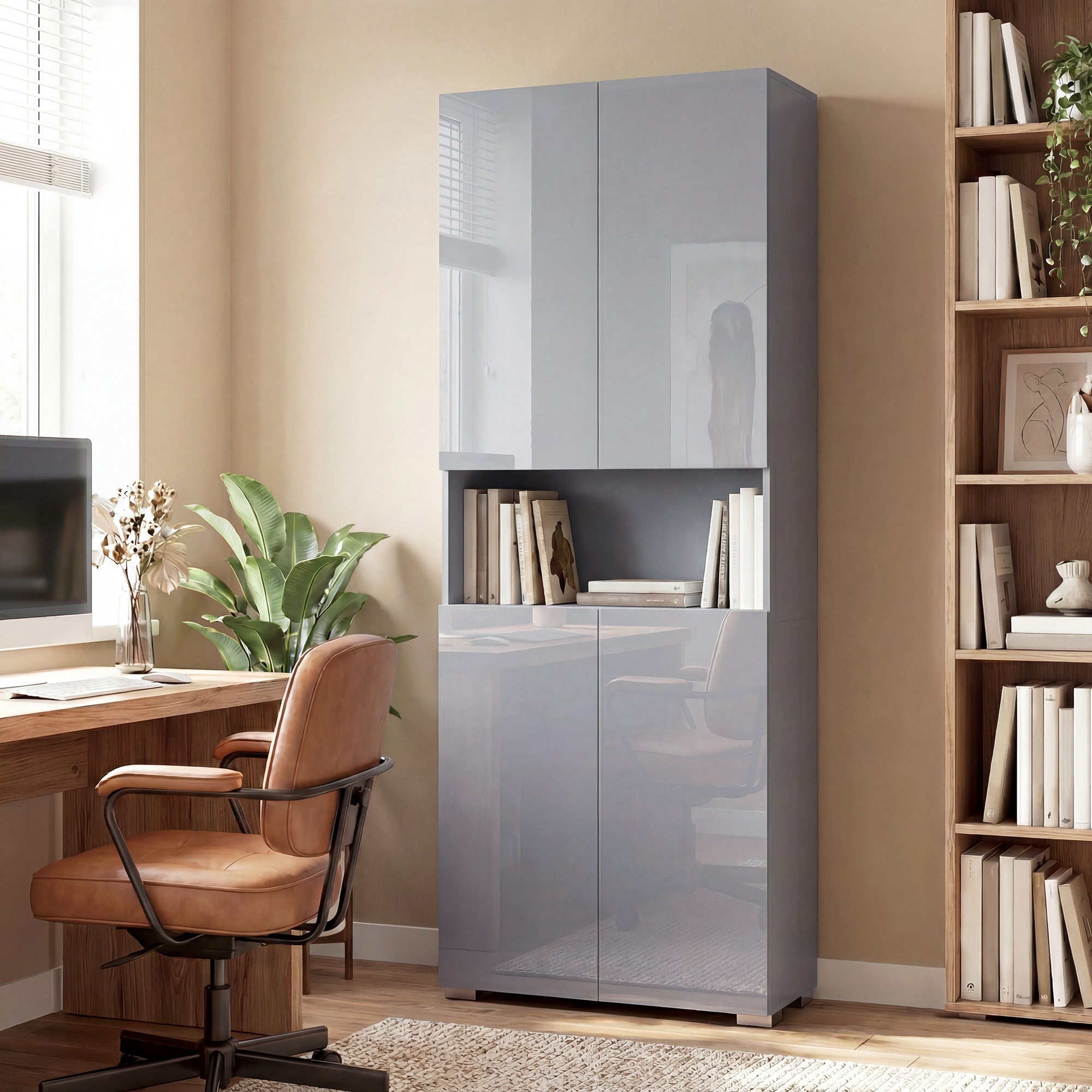 180 cm Tall Kitchen Cupboard, Pantry Storage Cabinet with Soft Close Doors and Adjustable Shelves, Freestanding Kitchen Cabinet for Dining Room, High Gloss Grey