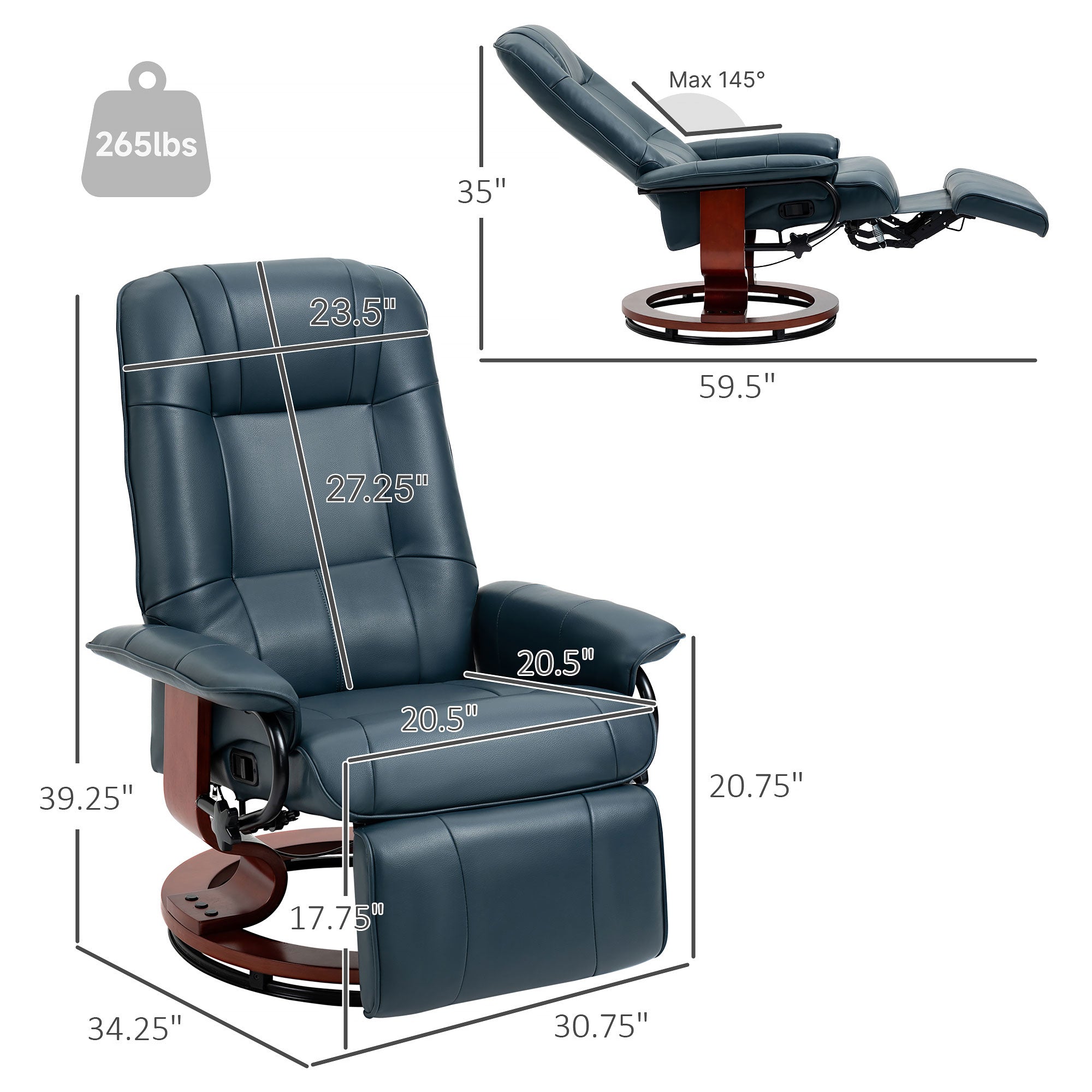 EaseRest Faux Leather Recliner Chair, Swivel Recliner w/ Footrest, Armrest & Wood Base, Blue - HOMCOM