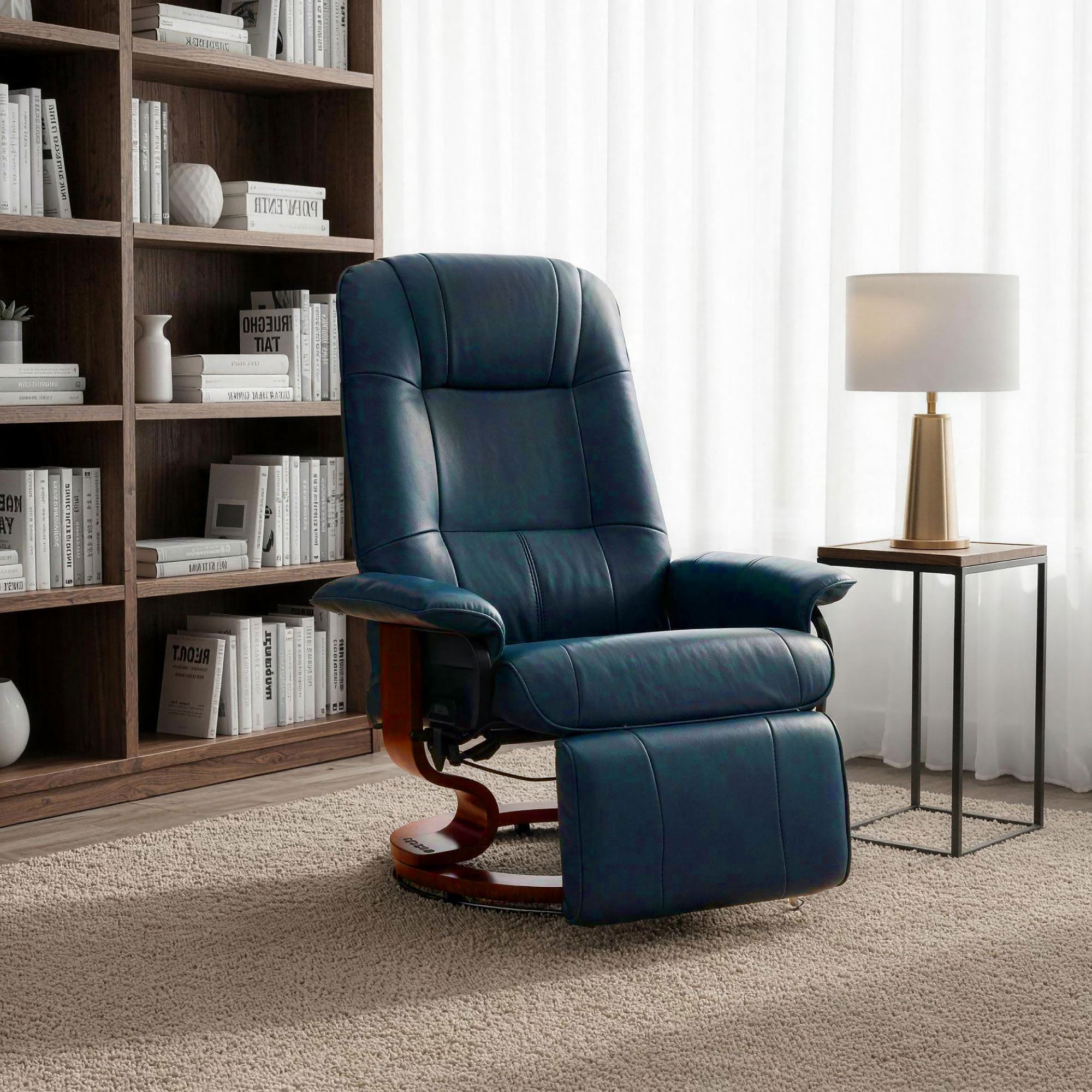 EaseRest Faux Leather Recliner Chair, Swivel Recliner w/ Footrest, Armrest & Wood Base, Blue - HOMCOM