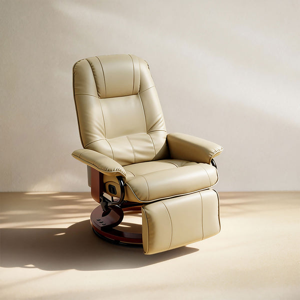EaseRest Faux Leather Recliner Chair, Swivel Recliner w/ Footrest, Armrest & Wood Base, Cream White - HOMCOM