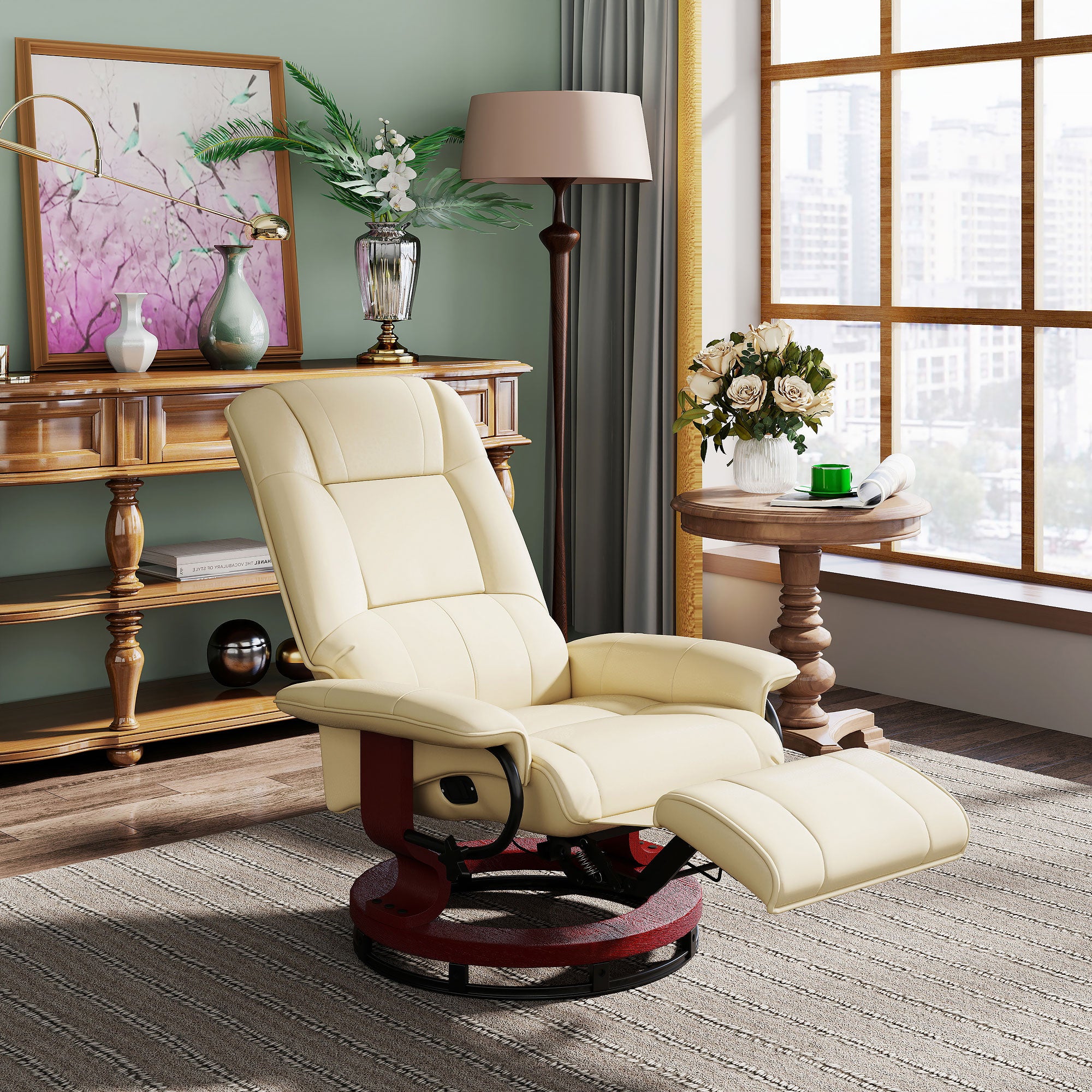 EaseRest Faux Leather Recliner Chair, Swivel Recliner w/ Footrest, Armrest & Wood Base, Cream White - HOMCOM