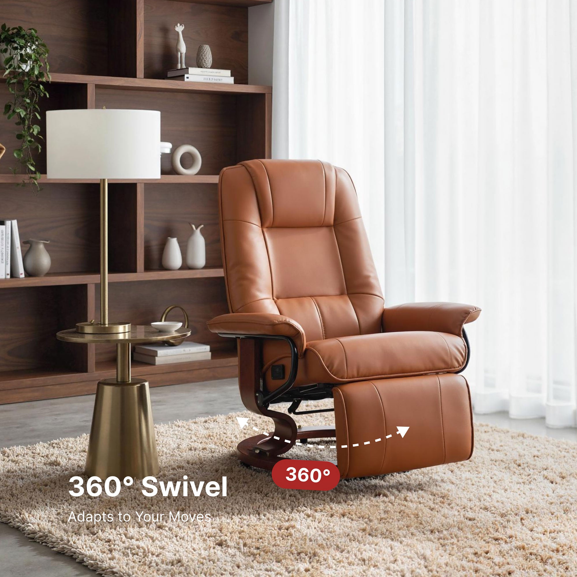 EaseRest Faux Leather Recliner Chair, Swivel Recliner w/ Footrest, Armrest & Wood Base, Light Brown - HOMCOM