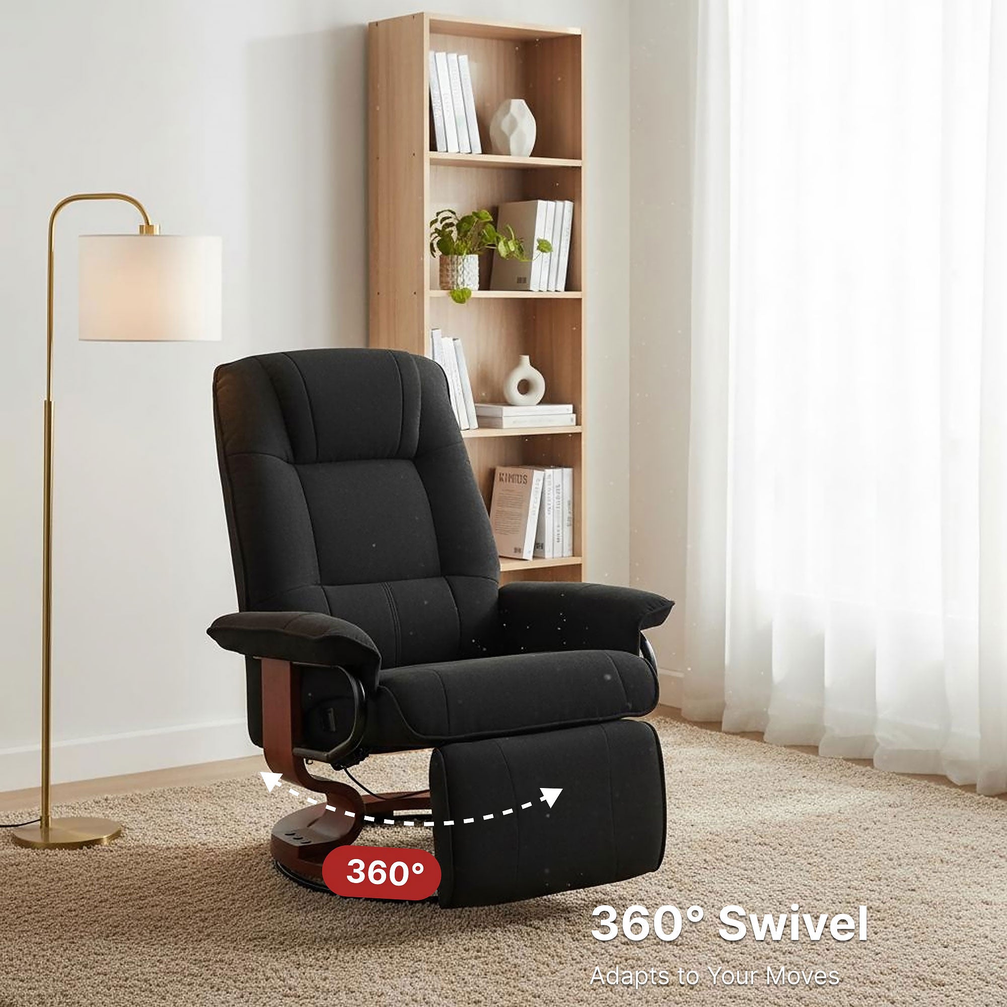 Manual Recliner Chair with Linen-Like Upholstered & Wooden Base for Living Room, Black - HOMCOM
