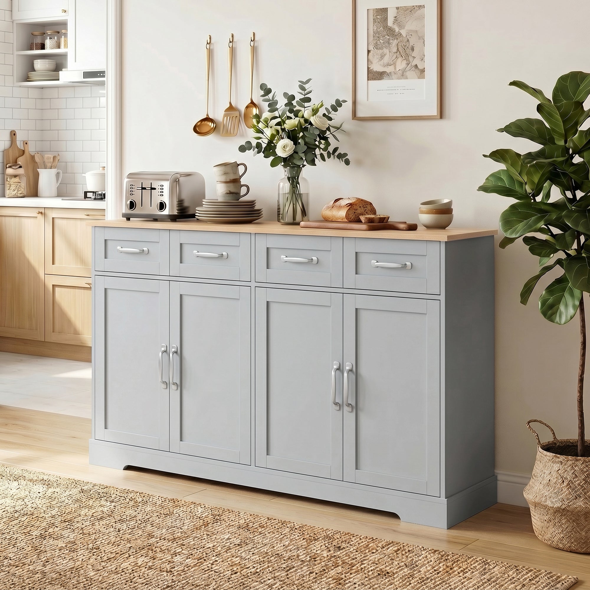Sideboard Buffet Cabinet, 140 cm Modern Farmhouse Kitchen Storage Cabinet with 4 Drawers, 4 Doors and 2 Adjustable Shelves, Coffee Bar Station, Grey