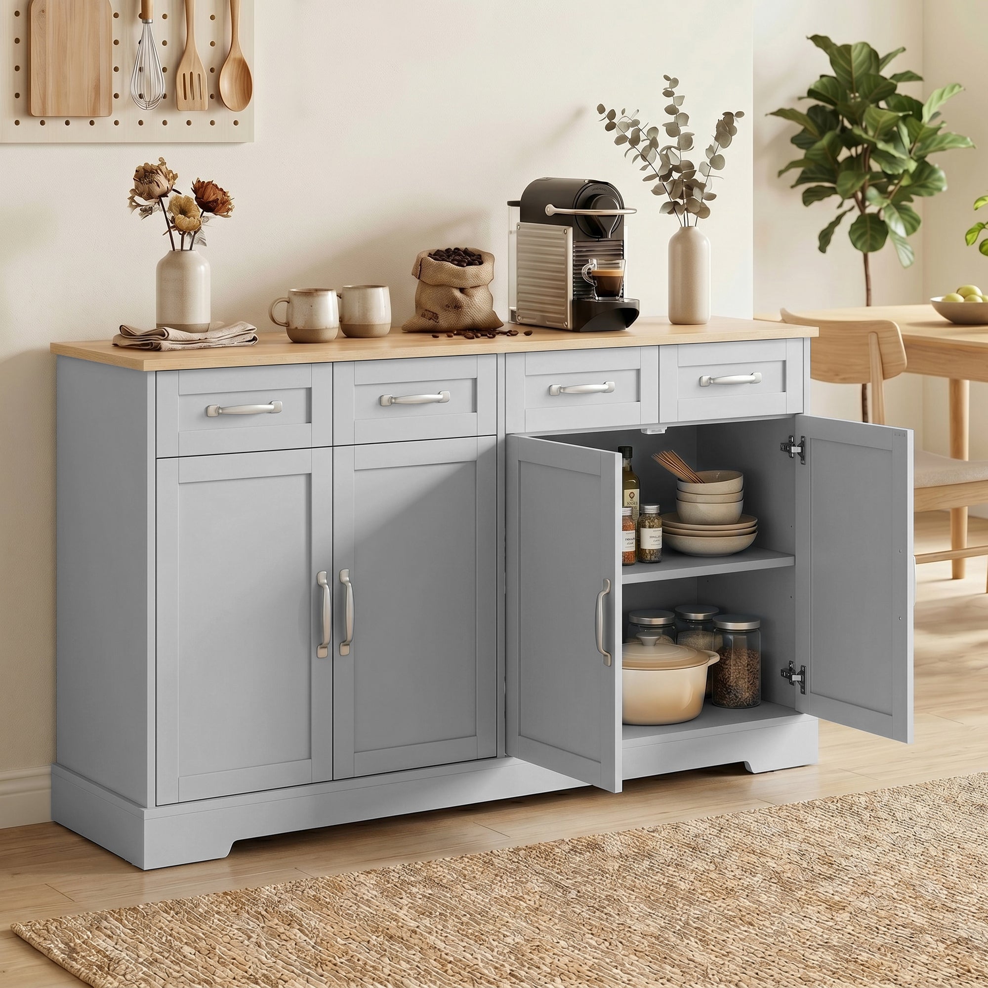 Sideboard Buffet Cabinet, 140 cm Modern Farmhouse Kitchen Storage Cabinet with 4 Drawers, 4 Doors and 2 Adjustable Shelves, Coffee Bar Station, Grey