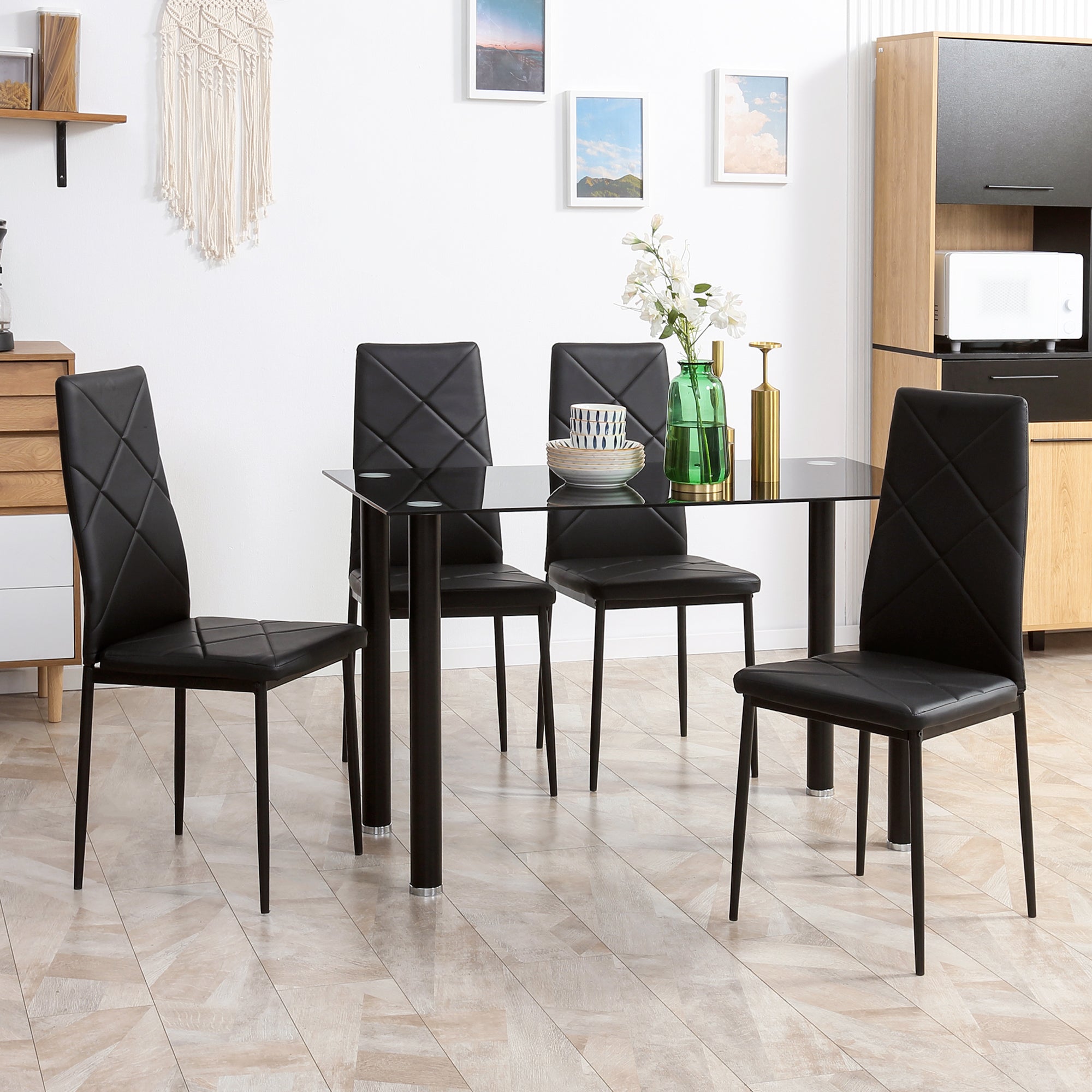 HOMCOM Dining Table and Chairs Set 4, Space-Saving Kitchen Table and Chairs Set 4 with Faux Leather Padded Seat and Tempered Glass Top, Dining Room Sets, Black