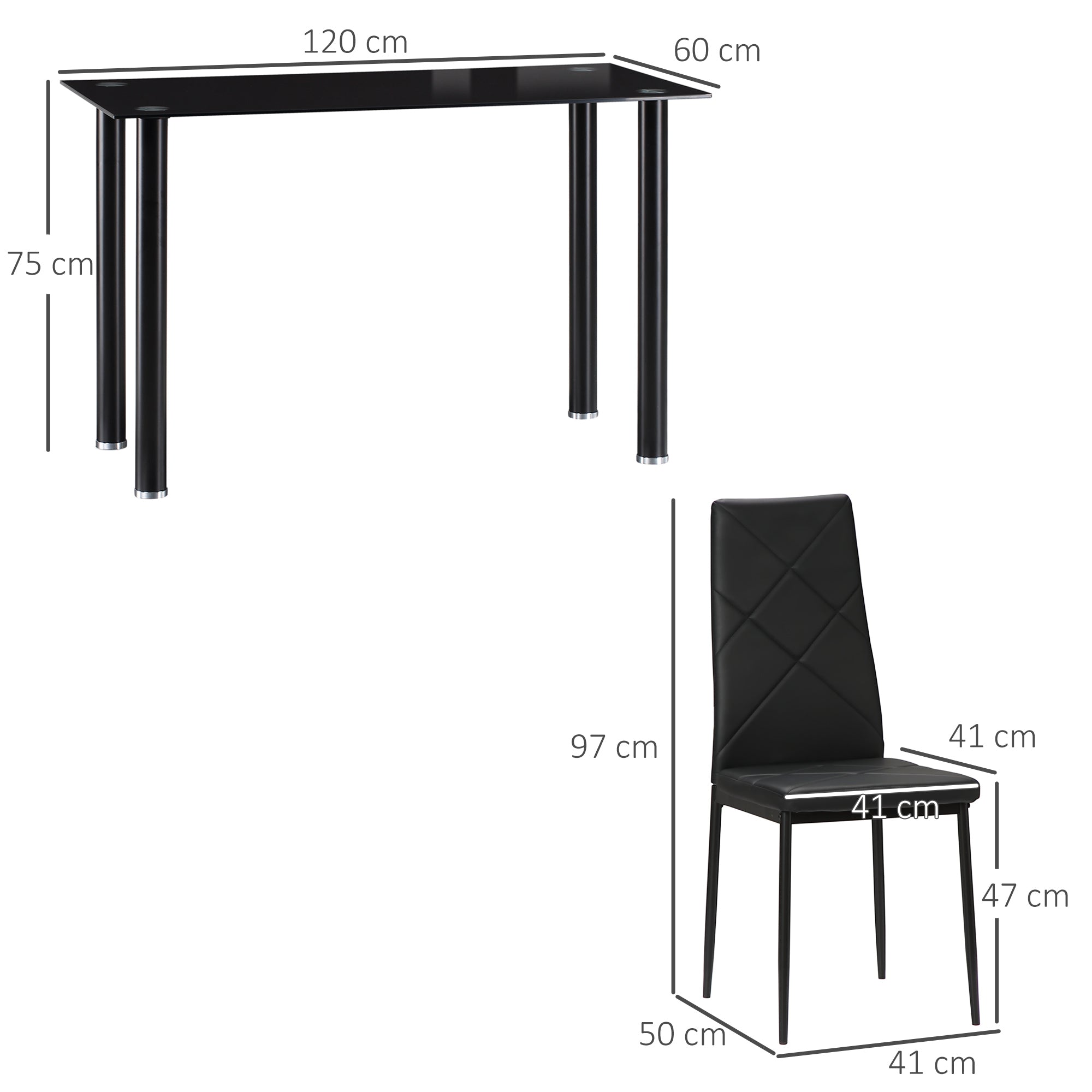 HOMCOM Dining Table and Chairs Set 4, Space-Saving Kitchen Table and Chairs Set 4 with Faux Leather Padded Seat and Tempered Glass Top, Dining Room Sets, Black