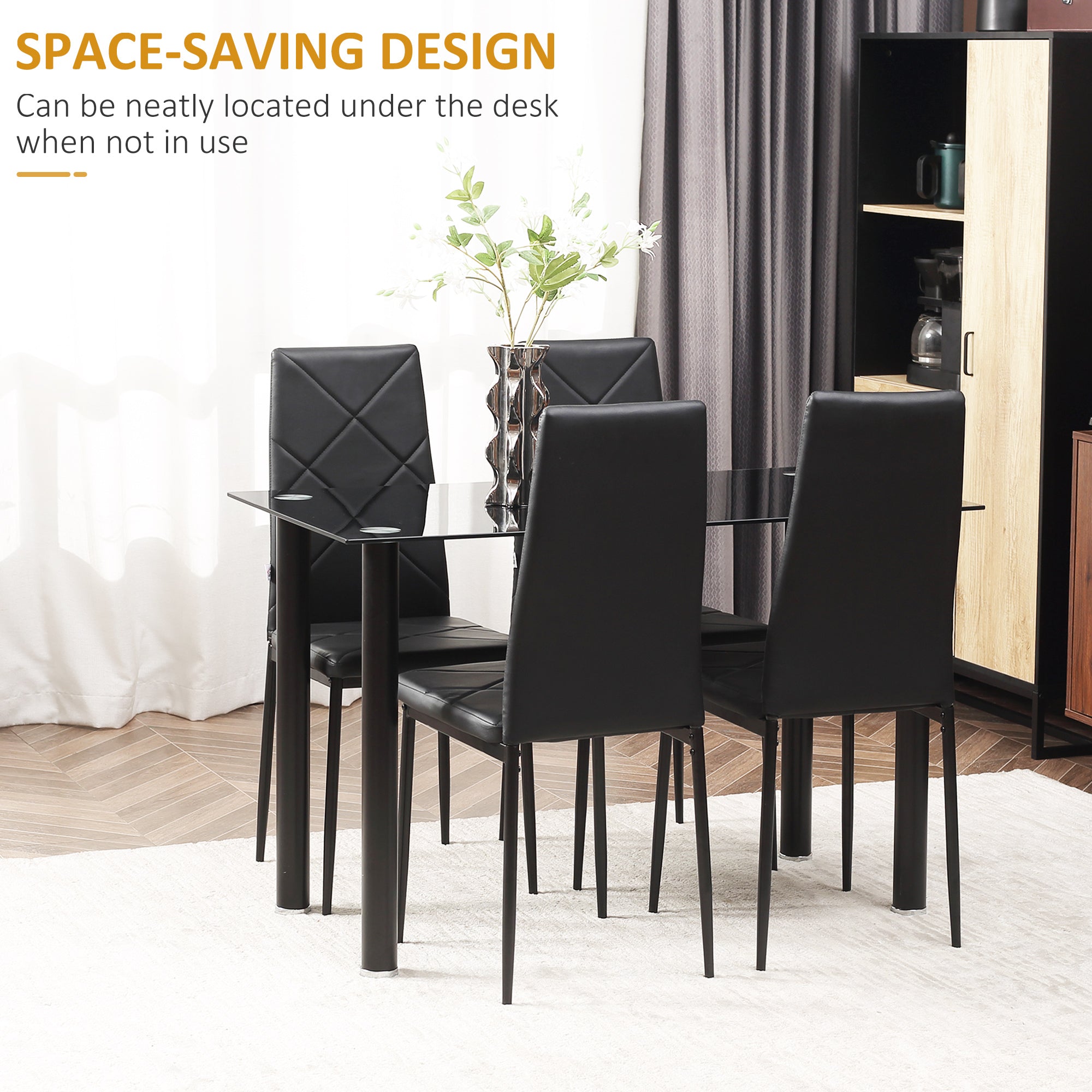 HOMCOM Dining Table and Chairs Set 4, Space-Saving Kitchen Table and Chairs Set 4 with Faux Leather Padded Seat and Tempered Glass Top, Dining Room Sets, Black