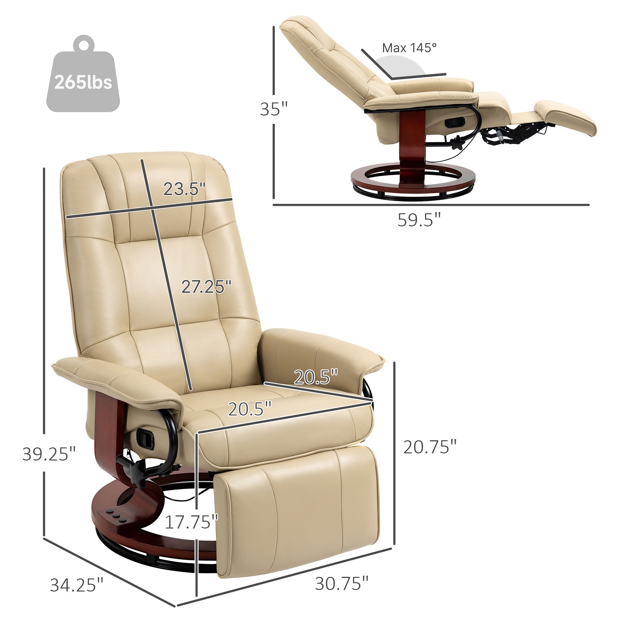 EaseRest Faux Leather Recliner Chair, Swivel Recliner w/ Footrest, Armrest & Wood Base, Cream White - HOMCOM