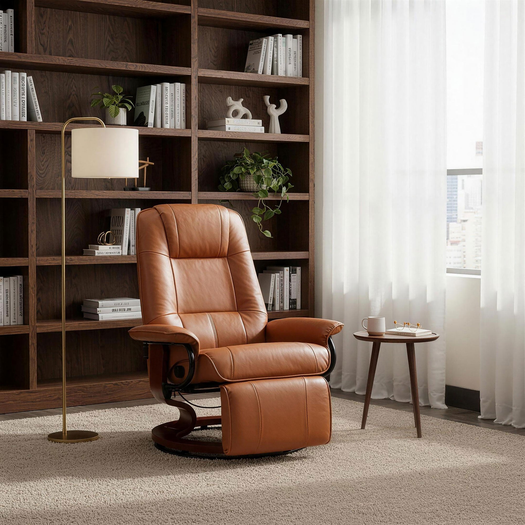 EaseRest Faux Leather Recliner Chair, Swivel Recliner w/ Footrest, Armrest & Wood Base, Light Brown - HOMCOM