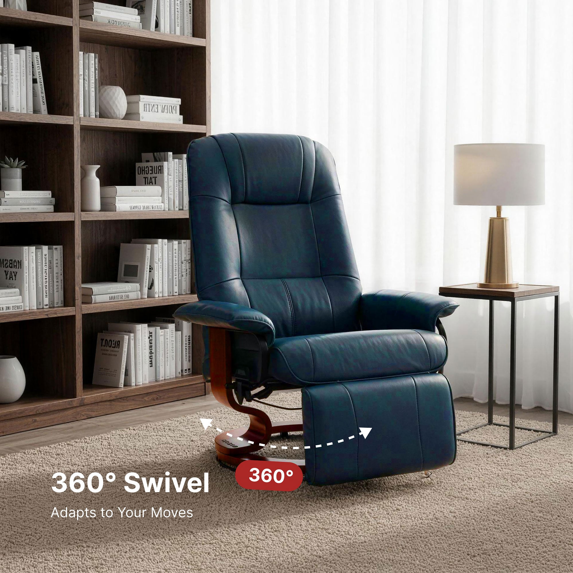 EaseRest Faux Leather Recliner Chair, Swivel Recliner w/ Footrest, Armrest & Wood Base, Blue - HOMCOM