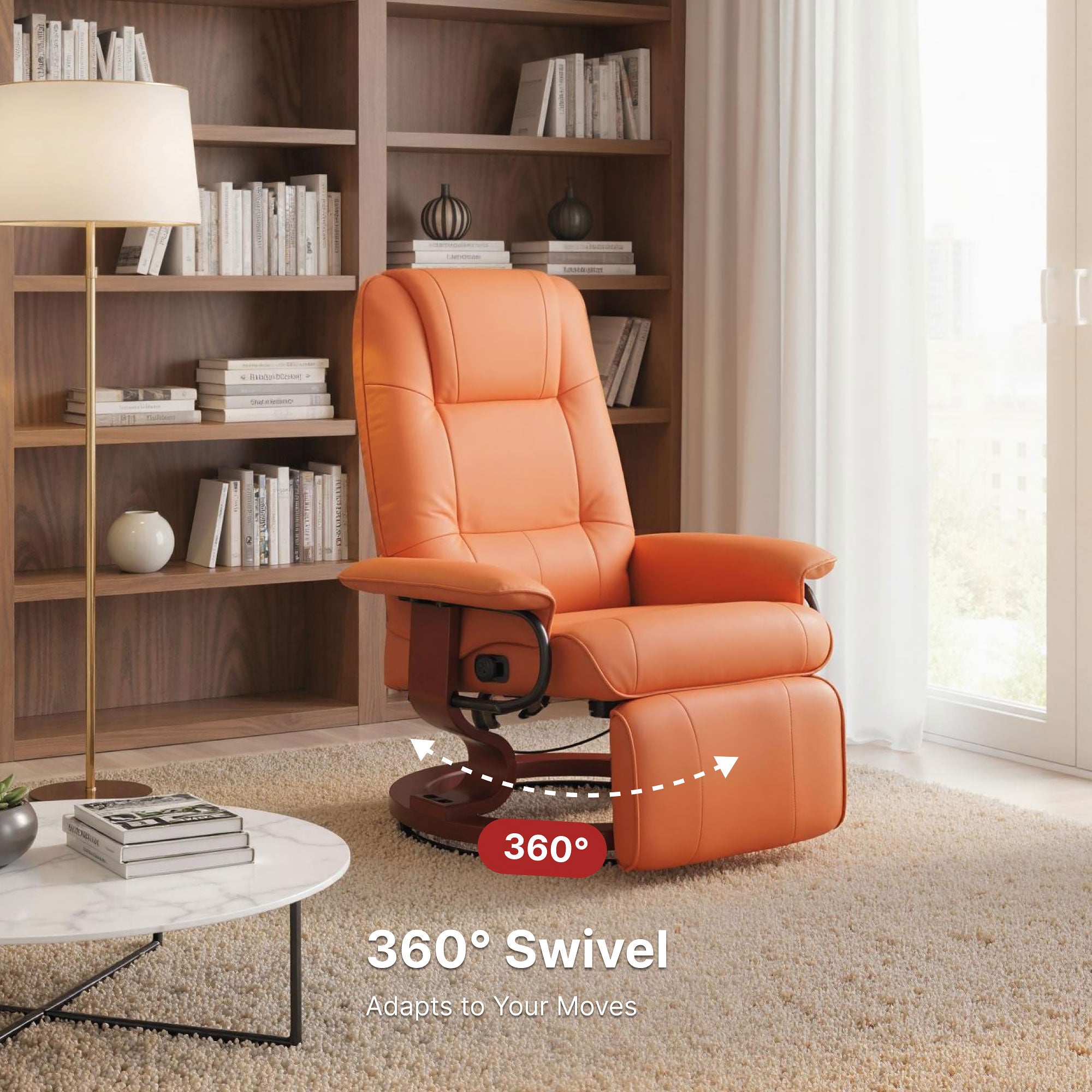 EaseRest Faux Leather Recliner Chair, Swivel Recliner w/ Footrest, Armrest & Wood Base, Orange - HOMCOM