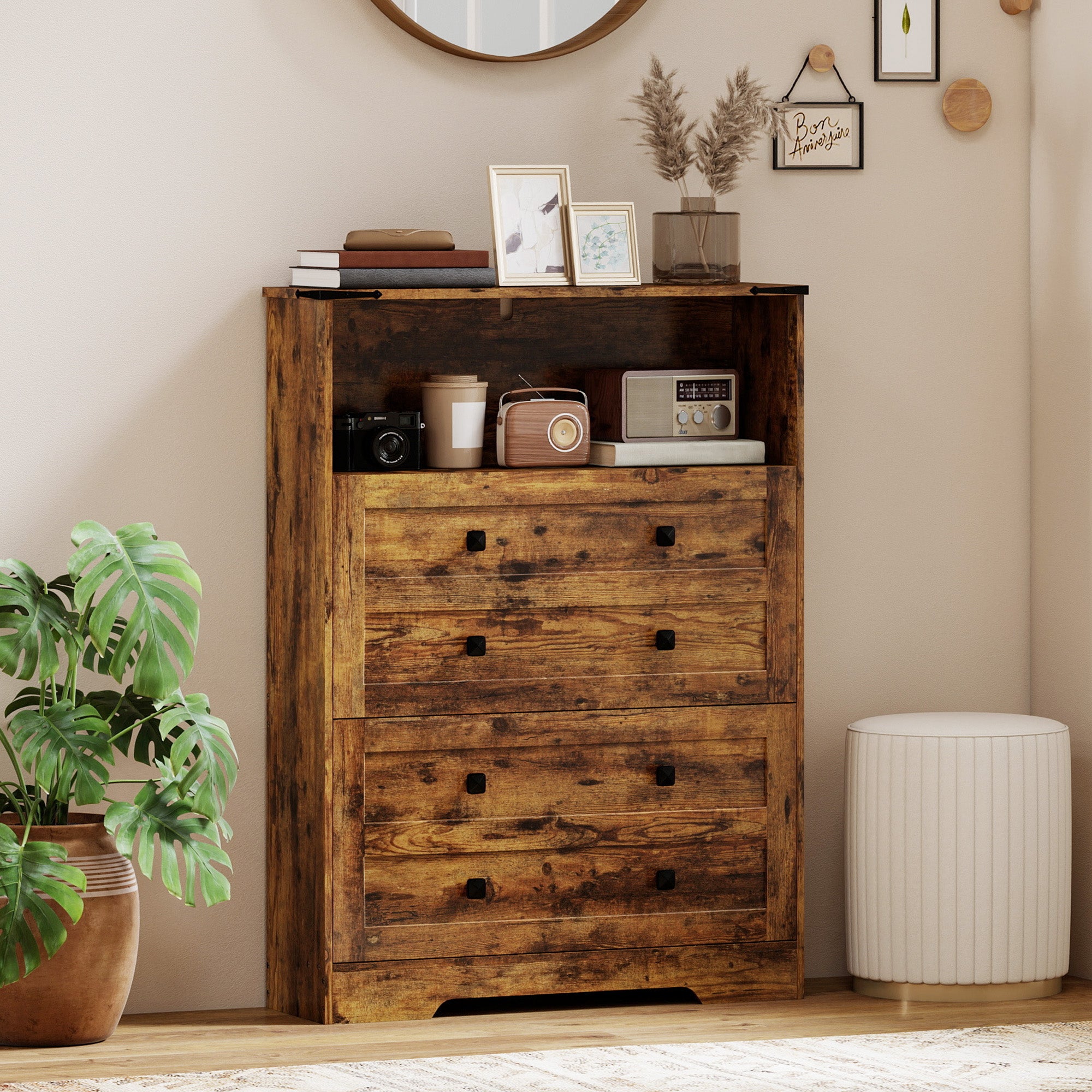 Shoe Cabinet with 2 Flip Drawers, Narrow Shoe Storage Cabinet with Adjustable Shelves and Open Shelf, Farmhouse Storage Organizer for Entryway, Hallway, Holds 12-16 Pairs, Rustic Brown