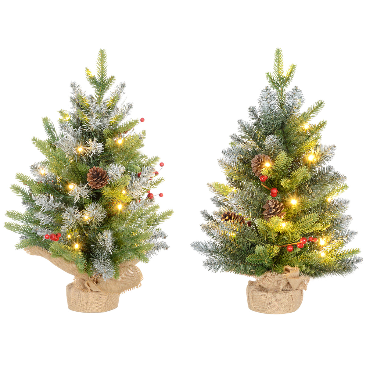 Set of 2 2ft Pre-Lit Artificial Christmas Trees with 20 Warm White Lights and 141 Tips, Burlap Base, Xmas Tree for Home Office Holiday, Green
