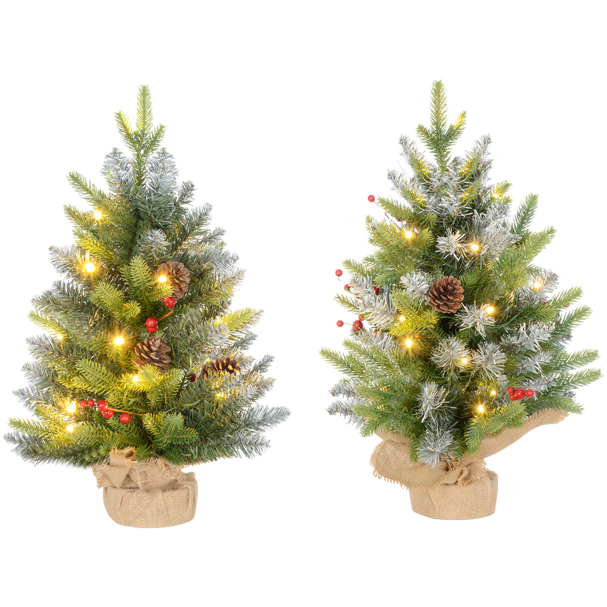 Set of 2 2ft Pre-Lit Artificial Christmas Trees with 20 Warm White Lights and 141 Tips, Burlap Base, Xmas Tree for Home Office Holiday, Green