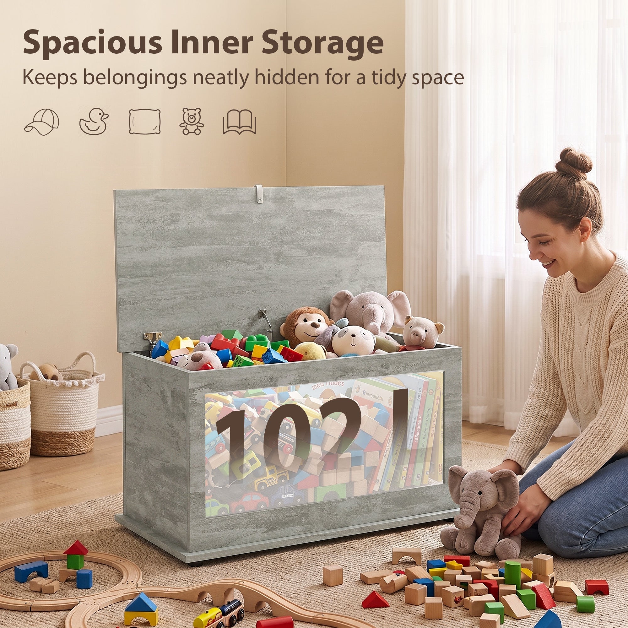 Storage Chest, Large 102L Blanket Box, Shoe Bench with Safety Hinged Lid, Storage Trunk, Bed End Bench for Bedroom, Hallway, Living room, Playroom, 80 x 40 x 45cm, Grey