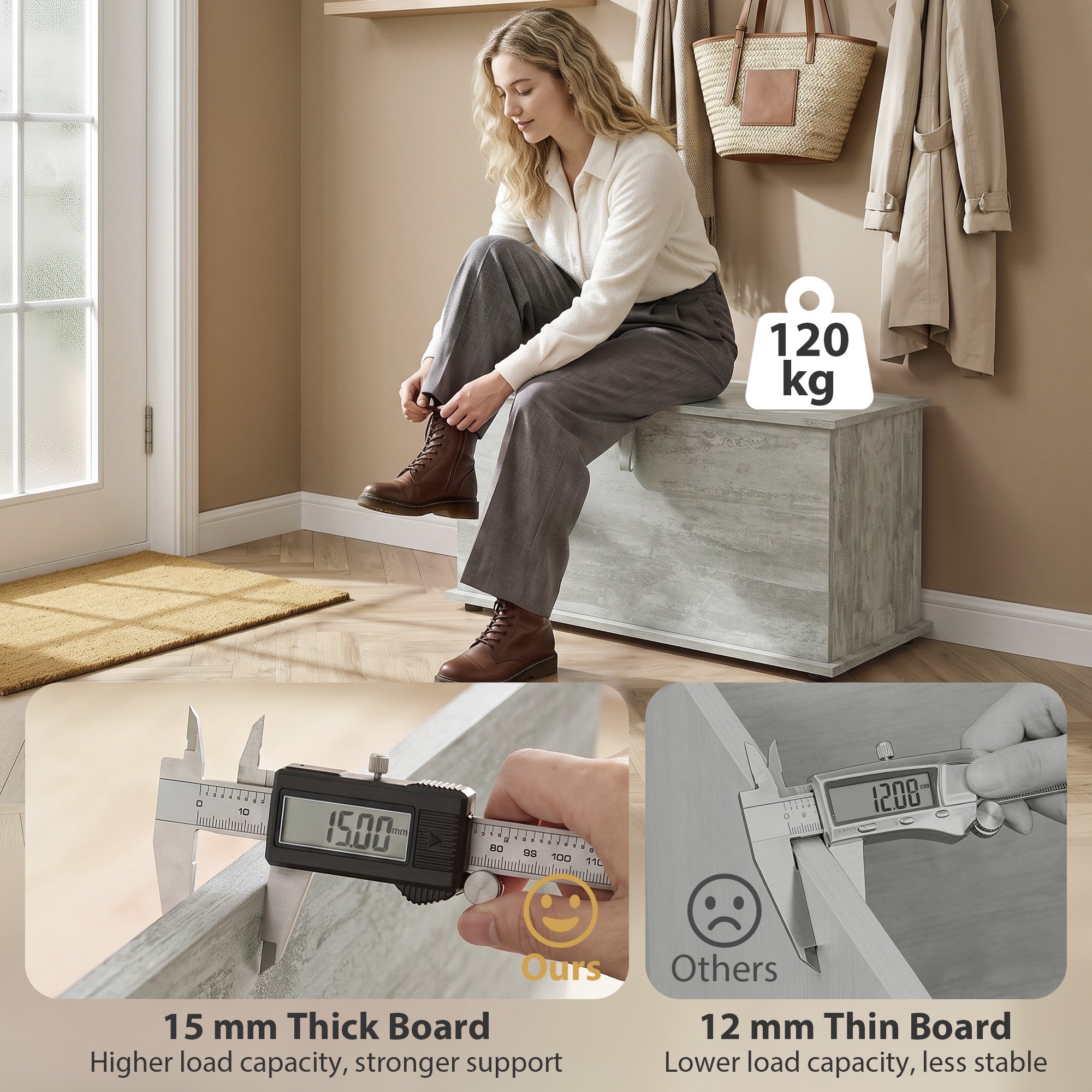 Storage Chest, Large 102L Blanket Box, Shoe Bench with Safety Hinged Lid, Storage Trunk, Bed End Bench for Bedroom, Hallway, Living room, Playroom, 80 x 40 x 45cm, Grey